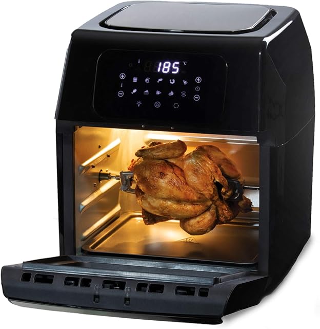 Daewoo 12L Rotisserie Air Fryer for Healthy Cooking, Rapid Air Circulation with Large Window & Interior Light For Easy Viewing, Thermostat Control, Includes 3 Mesh Baskets, Rotisserie Skewer