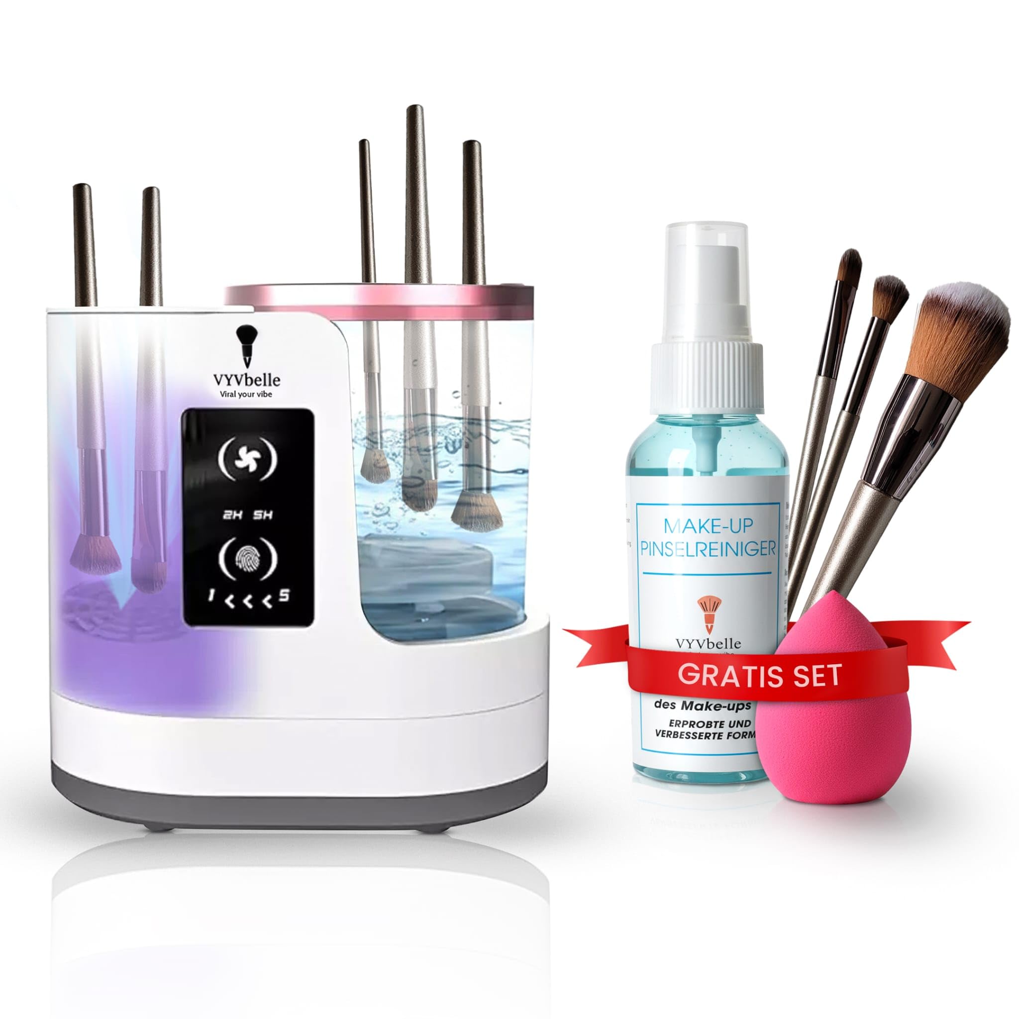 Make up - elektrischer Pinselreiniger Set mit 3 Pinseln und Make up Schwamm, inkl. 100 ml Brush Cleaner für Pinselpflege, Make up Pinsel reinigen und Beauty Tools