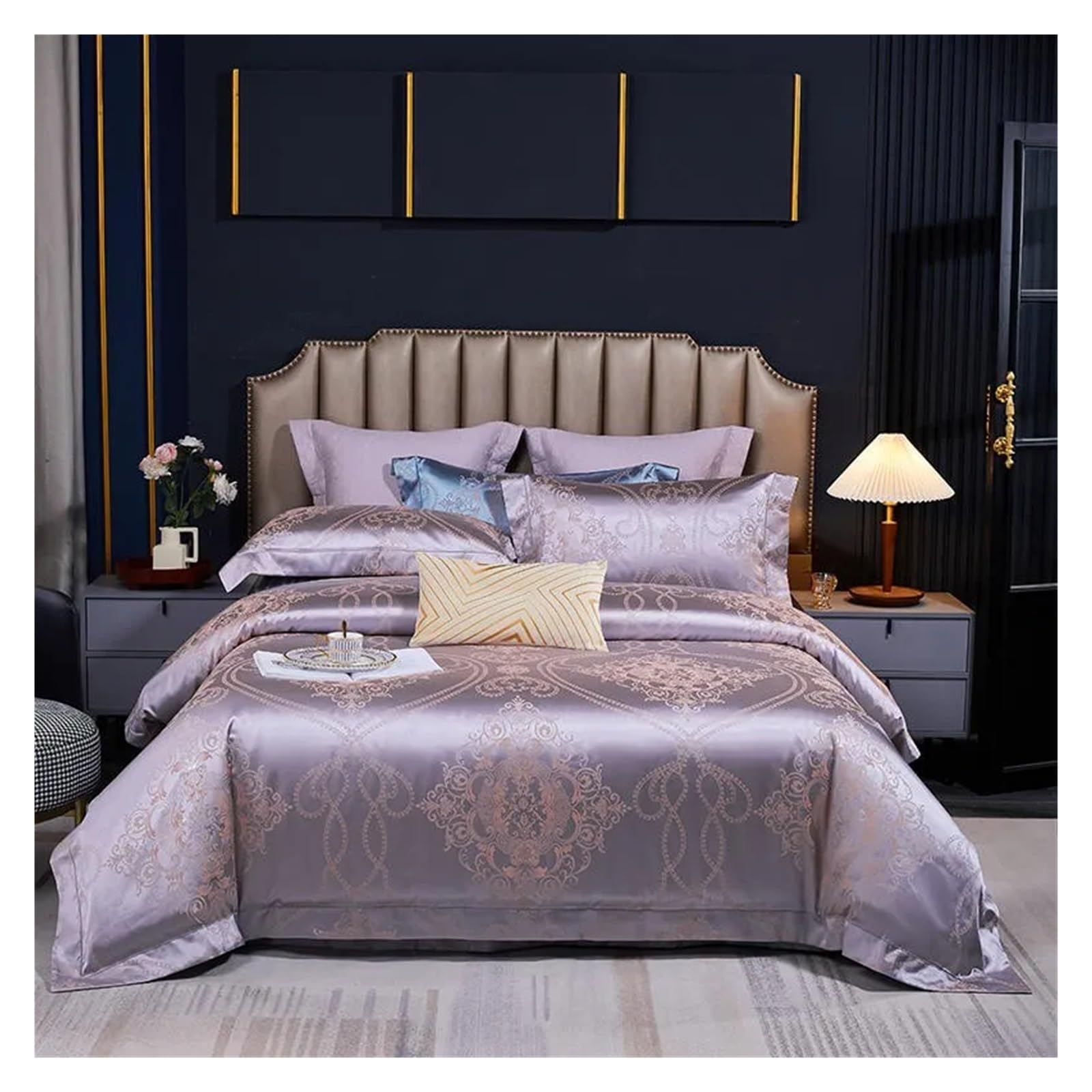Sbcgfy A Satin Silk Duvet Cover Set Luxury 4Pcs Jacquard Soft Silky Quilt Cover Quilted Cotton Bedspread Pillowcases Queen King,Cotton Duvet, Zq-11042,-Flat Bed Sheet_queen 4Pcs
