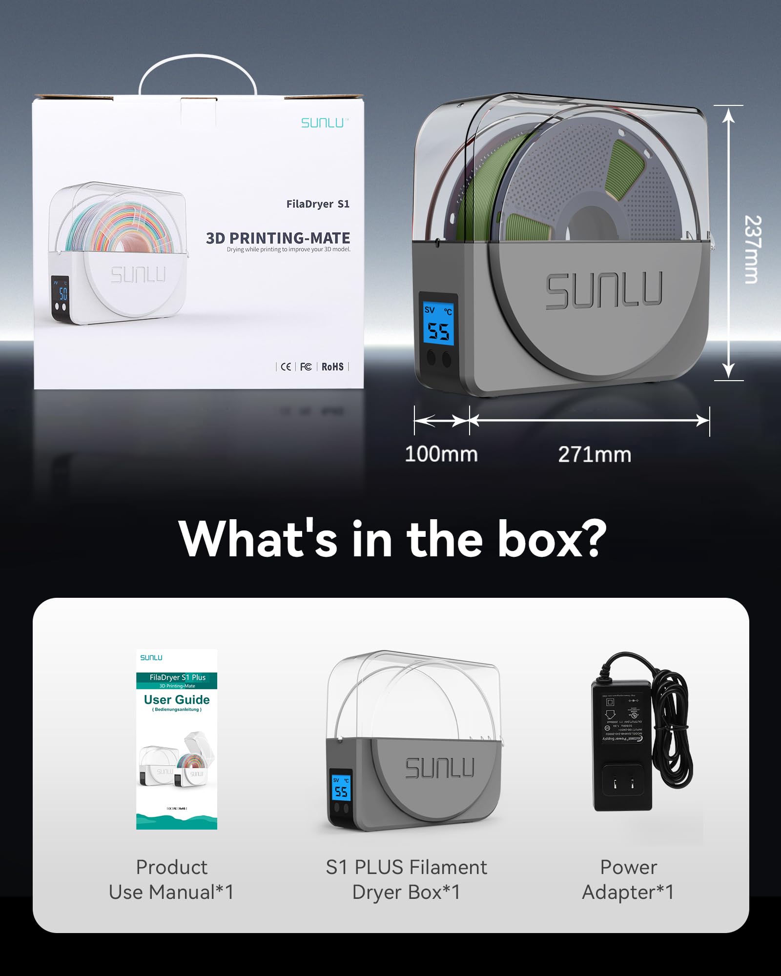 SUNLU Offizielle Filament Trockenbox mit Zirkulationsventilator, Filament Trockenlagerbox für 3D Drucker Filament 1.75 2.85 3.00mm, Entfernt Feuchtigkeit aus Filamenten, S1 Plus Grau