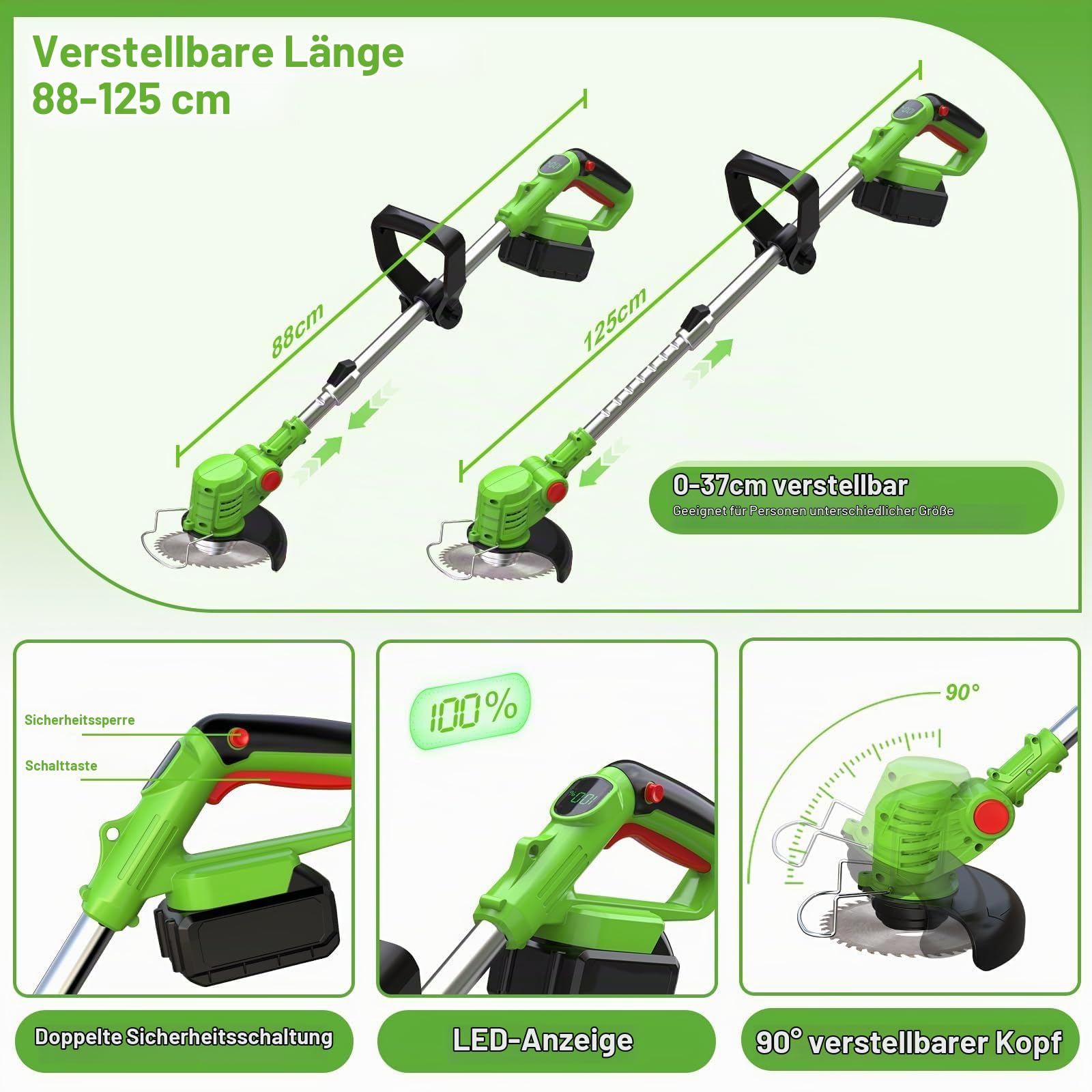 Rasentrimmer mit Akku, 5 In 1 Akku Rasentrimmer für Makita Akkus mit 5 Klingentypen, 21V Freischneider Akku, Teleskopierbar, 90° Drehung für Garden Trimmen,Grün