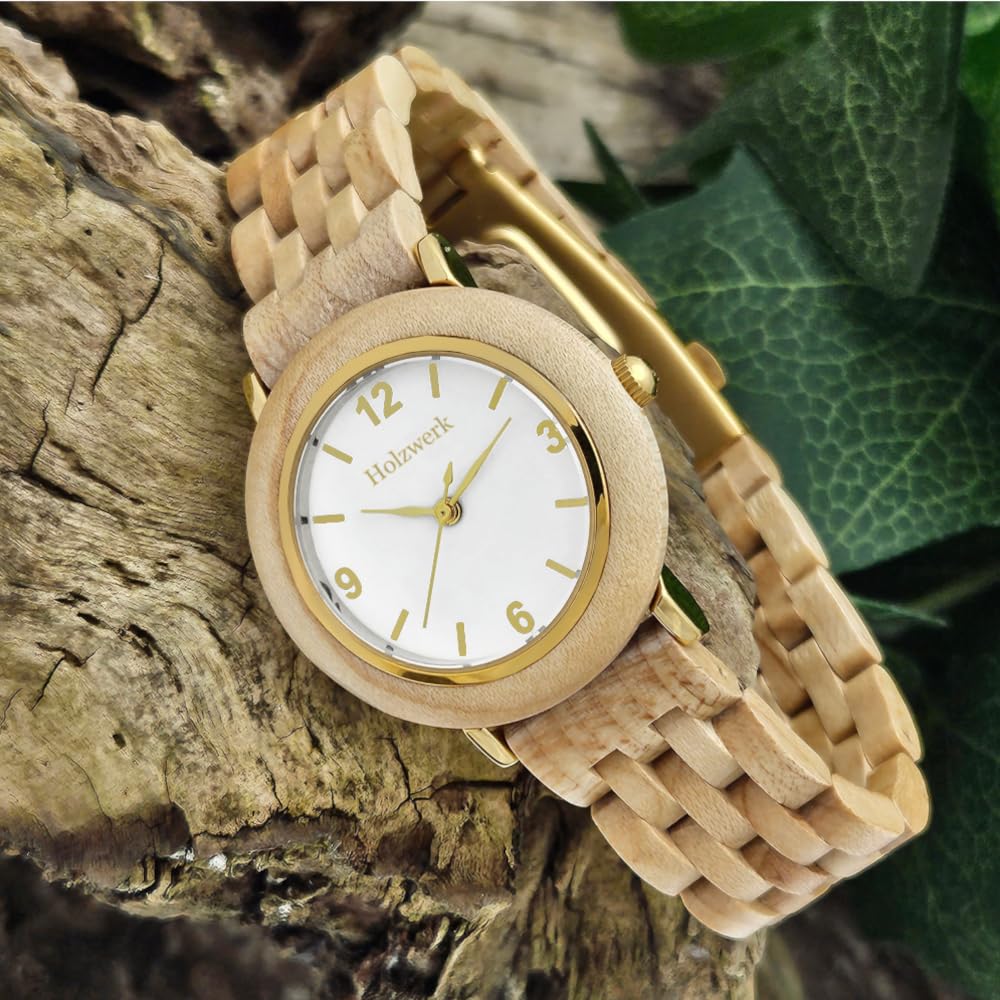Holzwerk Germany Handgefertigte Designer Damen Uhr Öko Natur Holzuhr Braun Gold Rot Holz Armband Analog Klassisch Quarz