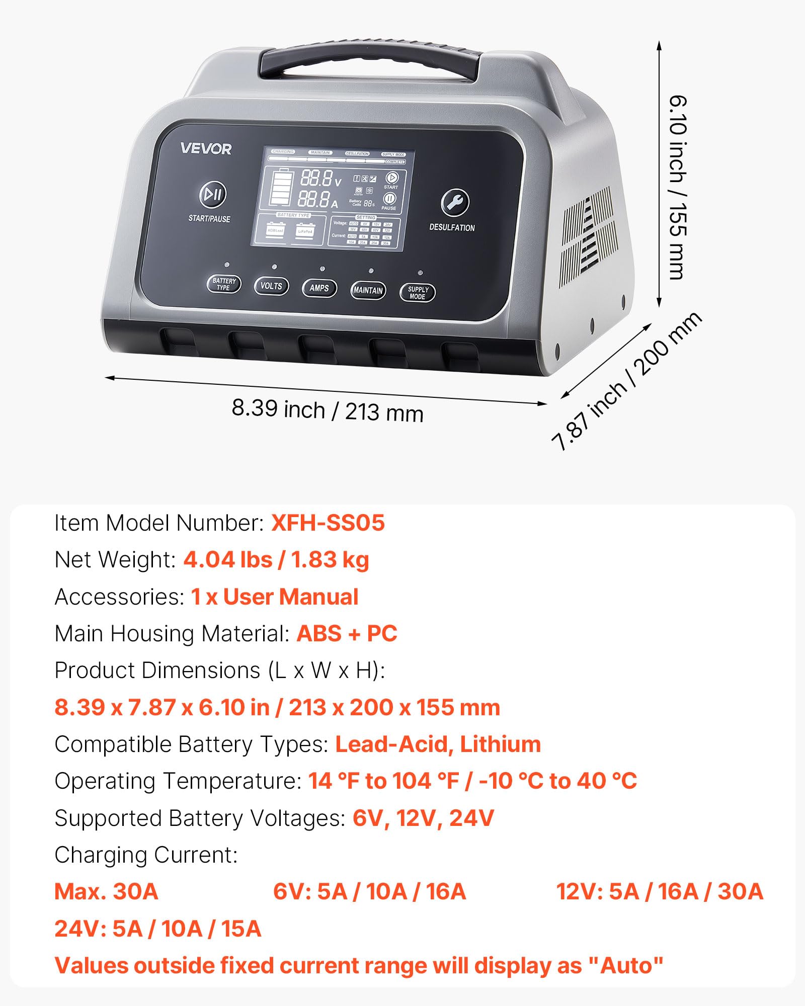 VEVOR Caricabatterie Intelligente per Auto 30 A per Batterie al Litio LiFePO4 Piombo Acido da 6 V 12 V 24 V, Caricabatterie per Auto Moto Barca Camper Mantenitore di Carico Desolfatatore Schermo LCD