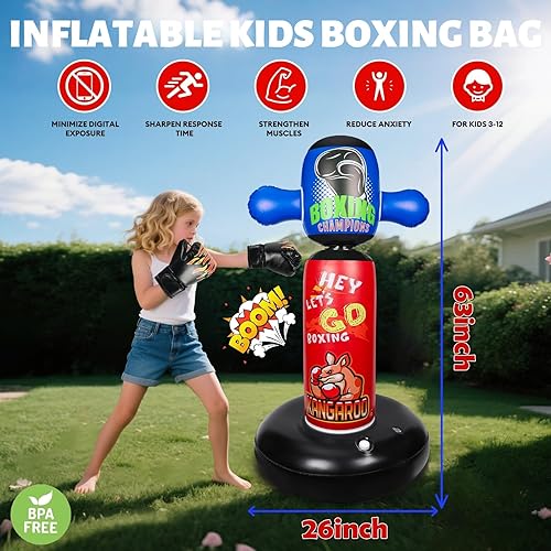 Miniatura 6 de Saco de boxeo para niños, saco de boxeo inflable con rotación de 360, bolsa de boxeo pesada independiente, regalo de Navidad y cumpleaños para niños