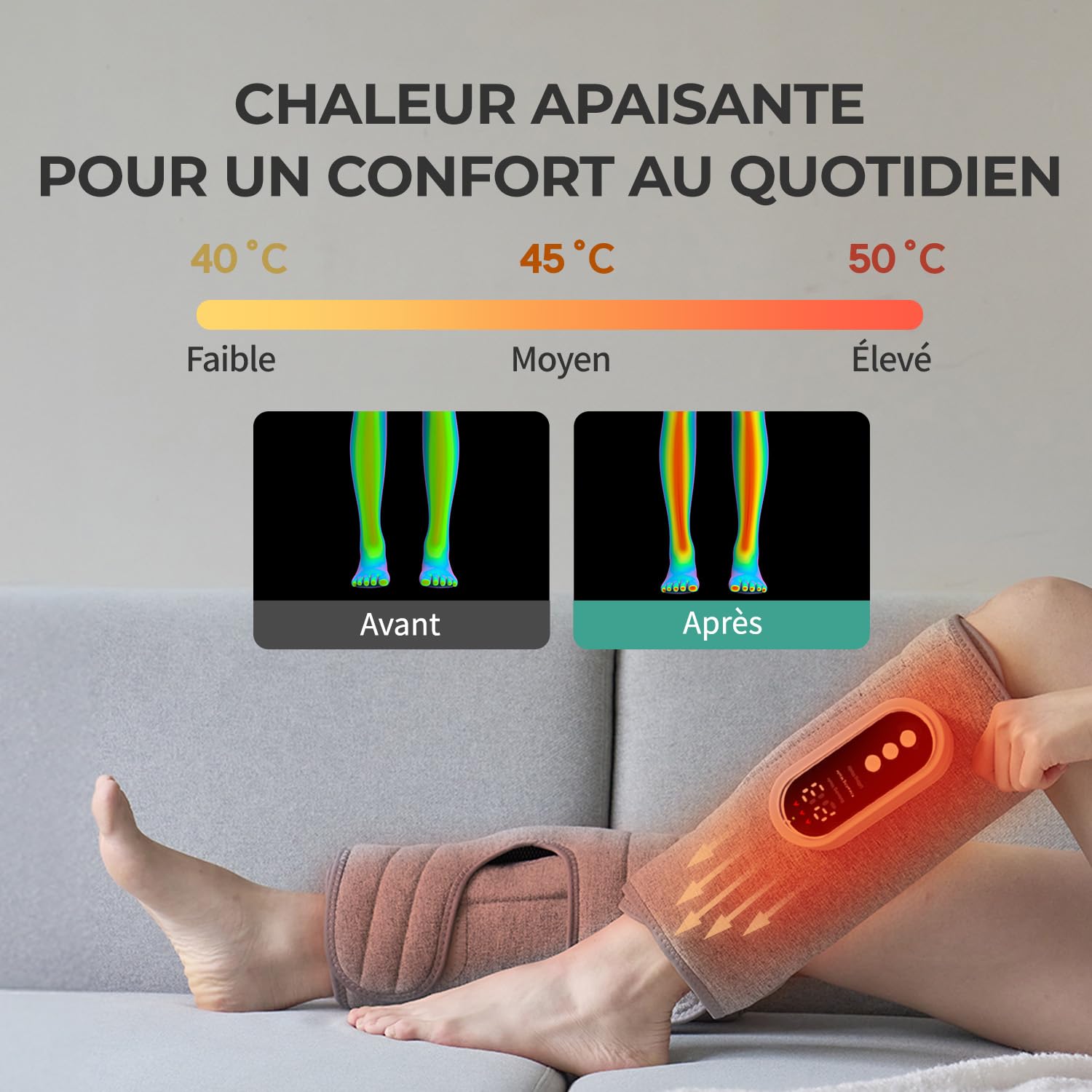 HubiCare Appareil de massage des jambes avec compression d'air et chaleur, 3 niveaux d'intensité, rechargeable USB-C, appareil de massage silencieux du mollet pour la relaxation et la circulation