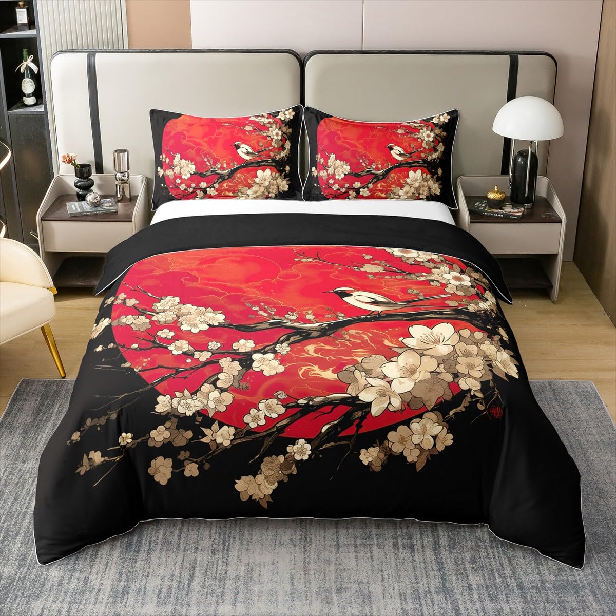Japanisches Ukiyoe Thema, 100 % Baumwolle, Bettwäsche für Kinder, Erwachsene, Mädchen, Frauen, japanischer Stil, Bettbezug 240 x 260 cm, Kirschblüten, Bettwäsche-Set