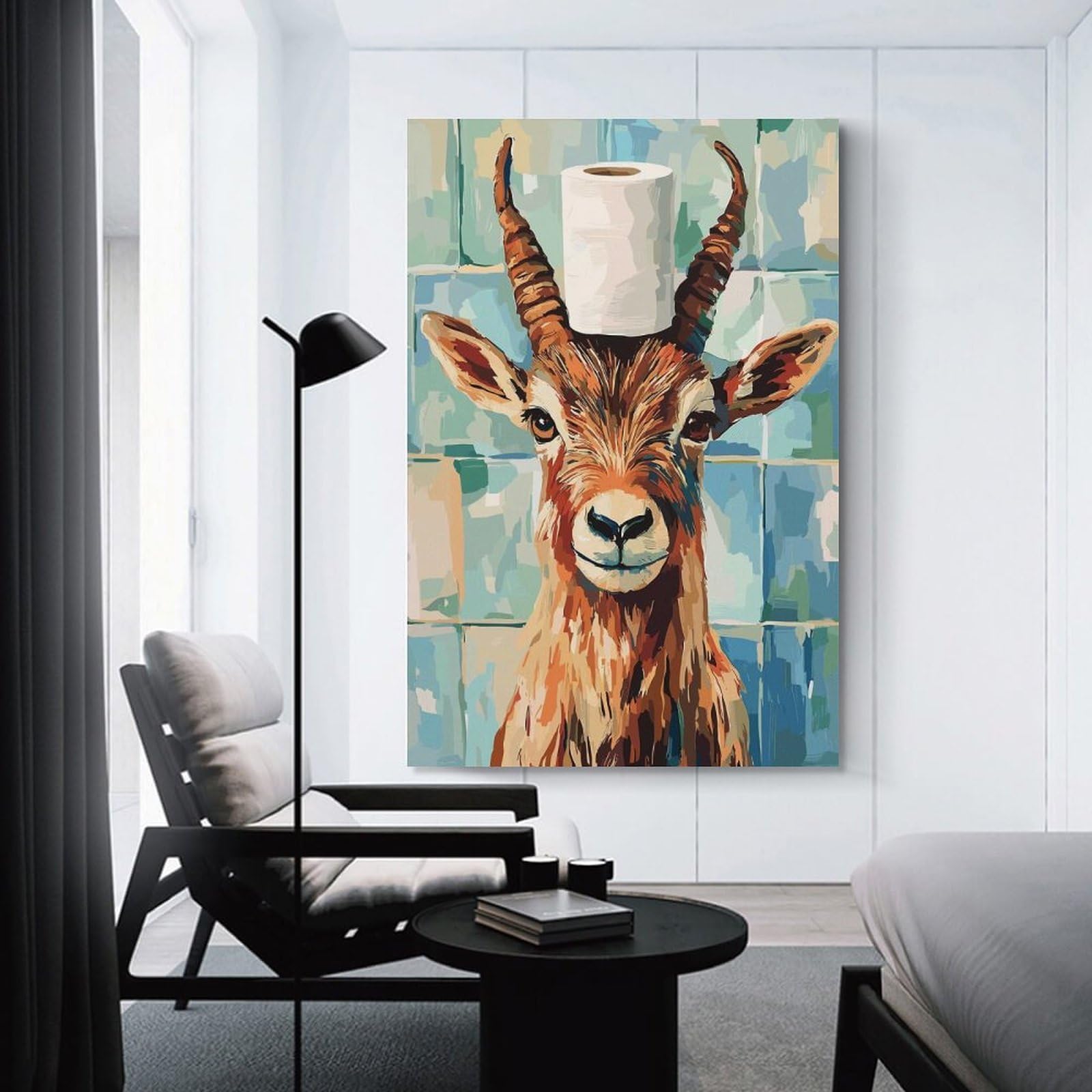 Junmoney Antelope with Toilet Paper on Head Canvas Wall Decor, 12x18inch(30x45cm), for Wall Displays, Bedrooms Or Room Updates, Wall Decor Suited to Curated Displays