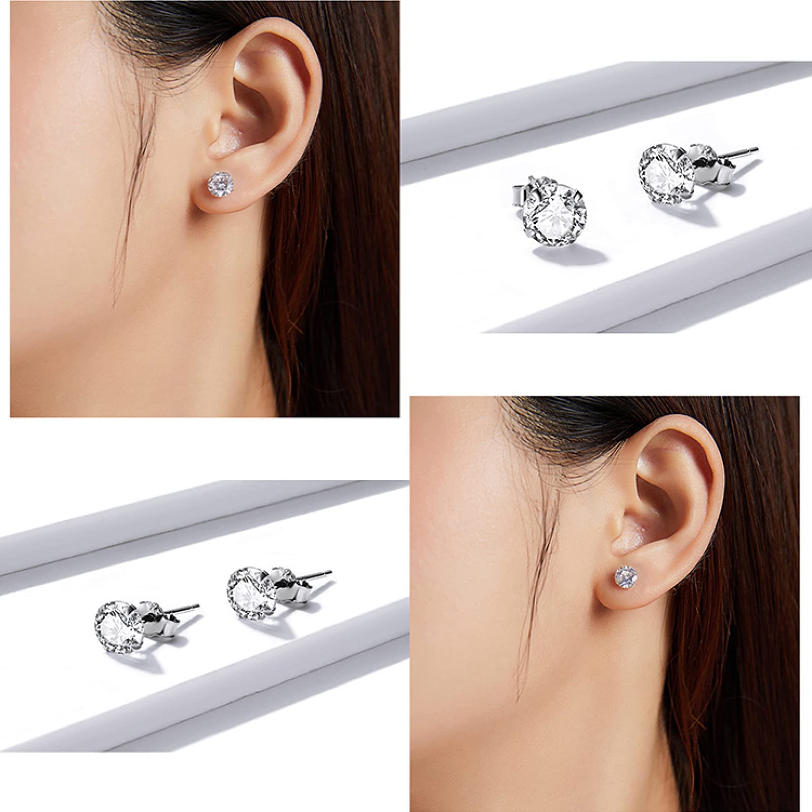 RWRAPS Orecchini per Ragazza 3 Paia di Orecchini a Bottone Set Orecchini in Pietra Argento Sterling 925 Orecchini Minimalisti alla Moda Abbagliante Orecchini a Bottone Diametro 4mm 5mm 6mm