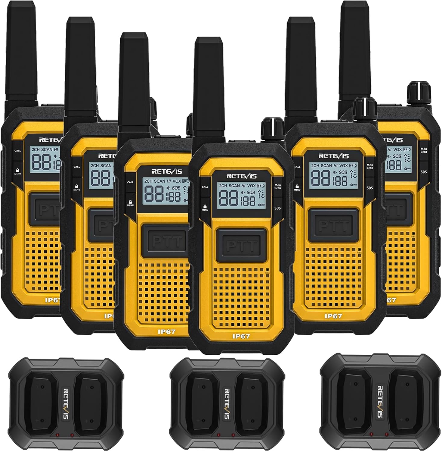 Retevis RB648 Krótkofalówka IP67, Walkie Talkie, Radio Dwukierunkowe MIL-STD-810H, Akumulator 2000 mAh, USB-C, Alarm Awaryjny, Odporne na Upadki i Wstrząsy (6 Szt.)