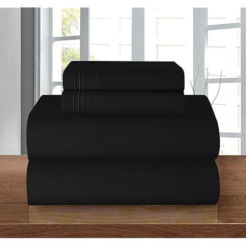 Elegant Comfort 1500 Premier Hotel Quality 4-Piece Bed Sheet Sets, Deep Pockets - Luxurious Wrinkle Free & Fade Resistant, Queen, Black
