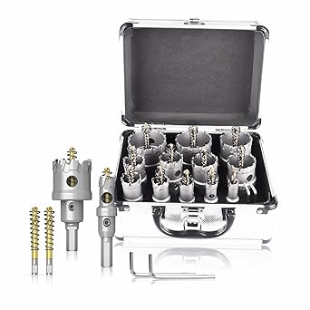 12pcs TCT Hole Saw Kit with Storage Case for Stainless Steel, Metal, Iron , Heavy Duty Carbide Hole Saw Set with 2*Extra Titanium Plated Pilot Center Drill and 2*L-Wrench