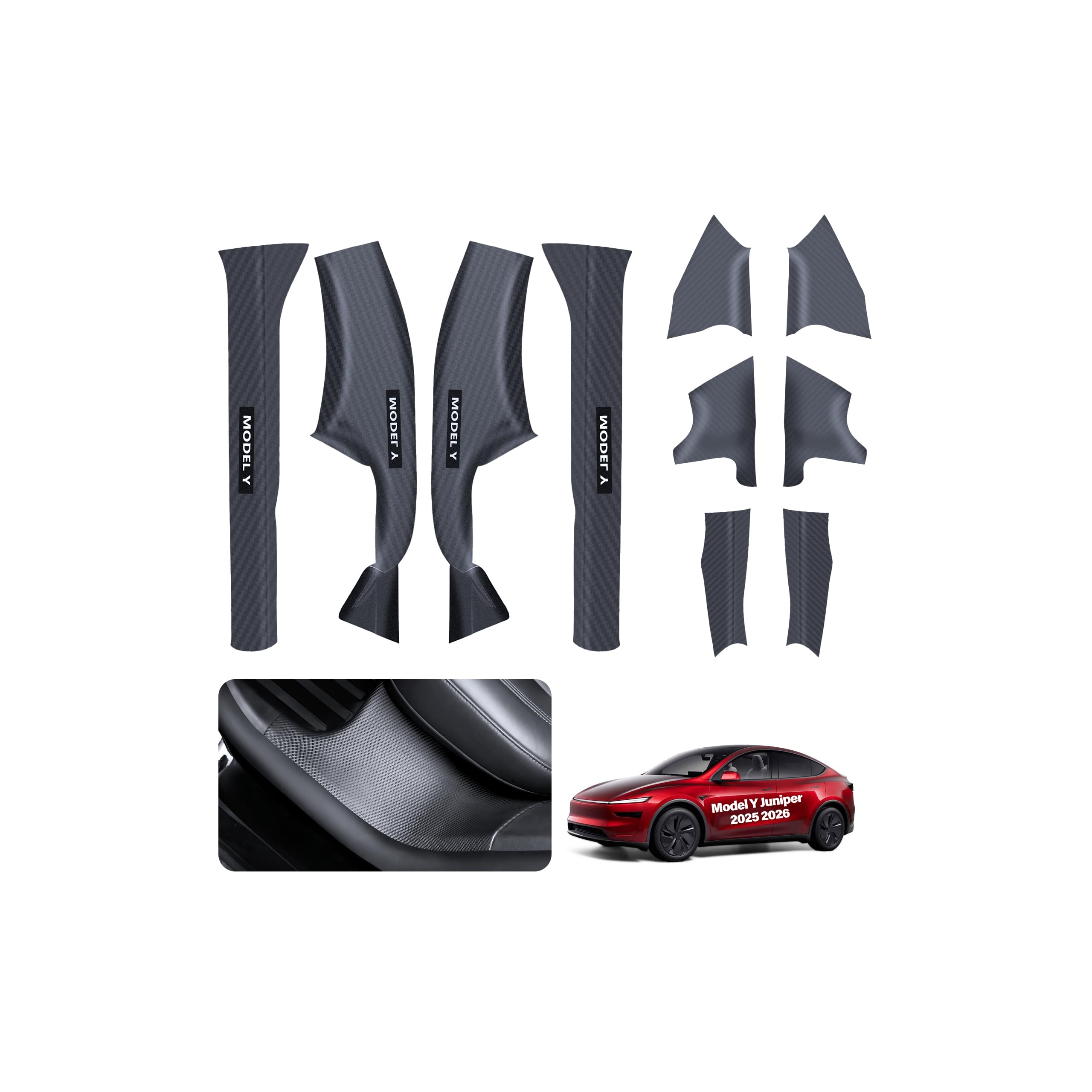 10PCS for Tesla Door Sill Protector Model Y Juniper Interior Accessories 2025-2026 Carbon Fiber Door Pedal Kick Protection Strip Guards Plate Cover ABS Front Rear Door Sill Scuff Edge Entry