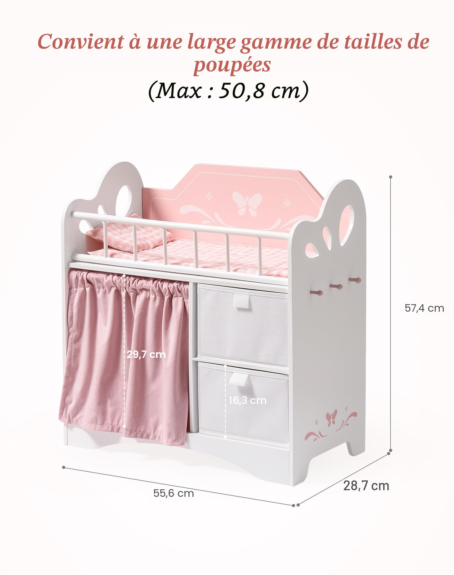 ROBOTIME Lit de poupée en bois pour enfants, bébé avec armoire de rangement et linge de lit, adapté aux poupées jusqu'à 55 cm, les tout-petits à partir de 3 ans (rose)