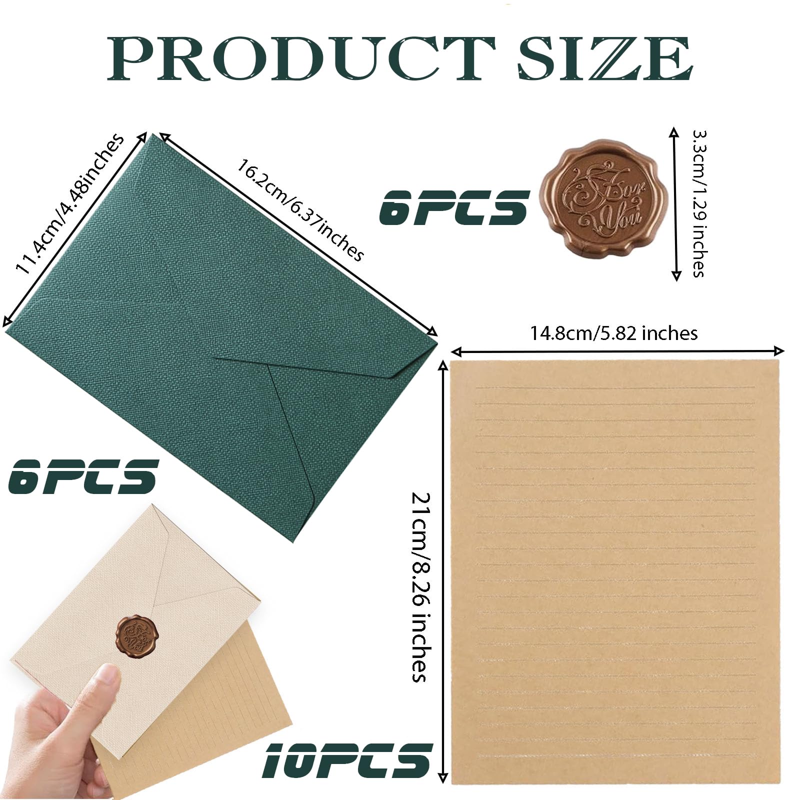 22 Unidades de Papel De Carta Vintage, Juego Con 6 Sobres de Lino Y Sellos de Cera, 10 A5, Papel De Carta Vintage, Sobres de Estraza Para CumpleañOs, Invitaciones de Boda, Tarjetas de Verde
