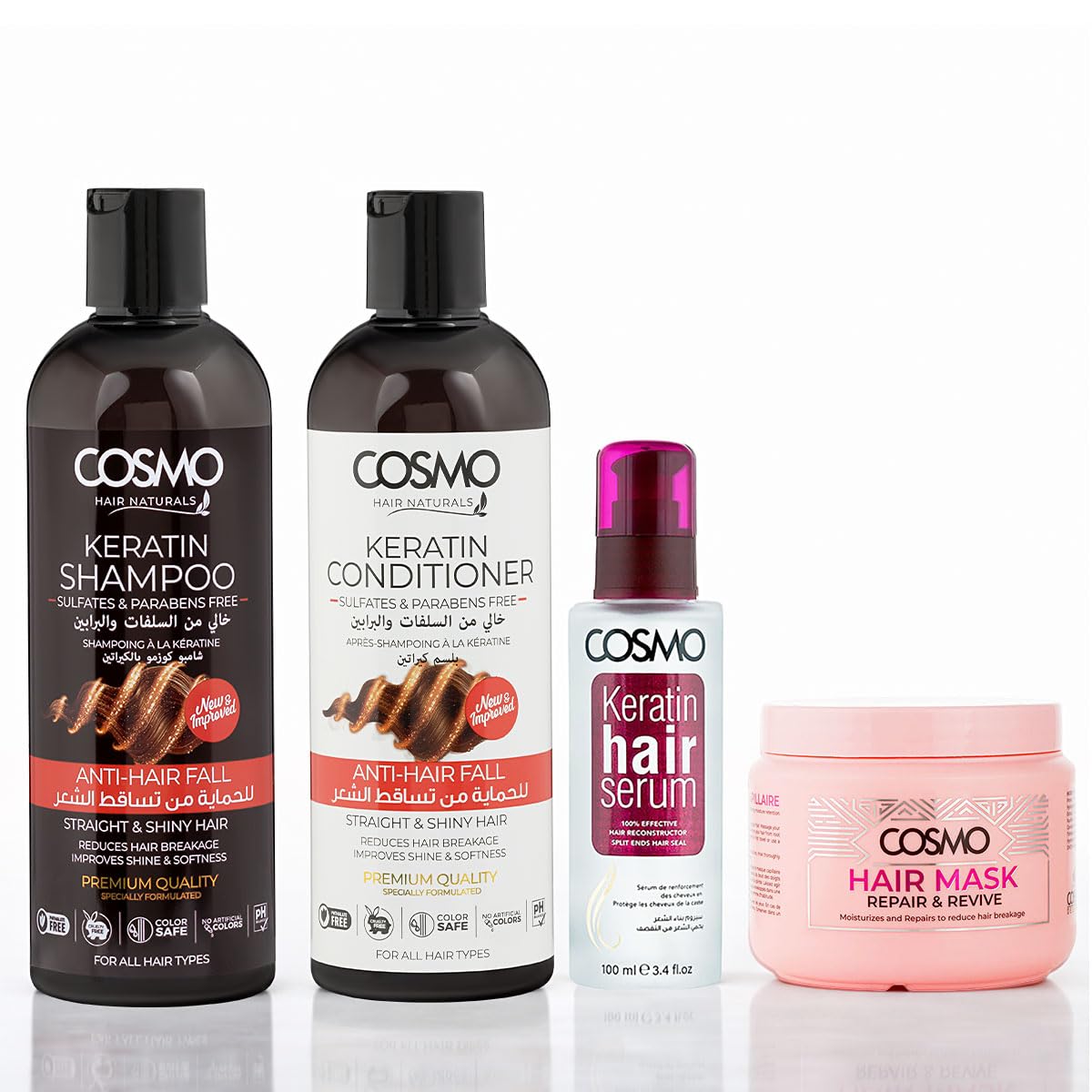 Cosmo Keratin Hair Care Repair Kit For Dry & Frizzy Pack Of 4 | Sulfate & Paraben Free | Anti Hair Fall Shampoo & Conditioner 480ml, Repair & Revive Mask 500ml, Keratin Serum 100ml | For Men & Women-image-39