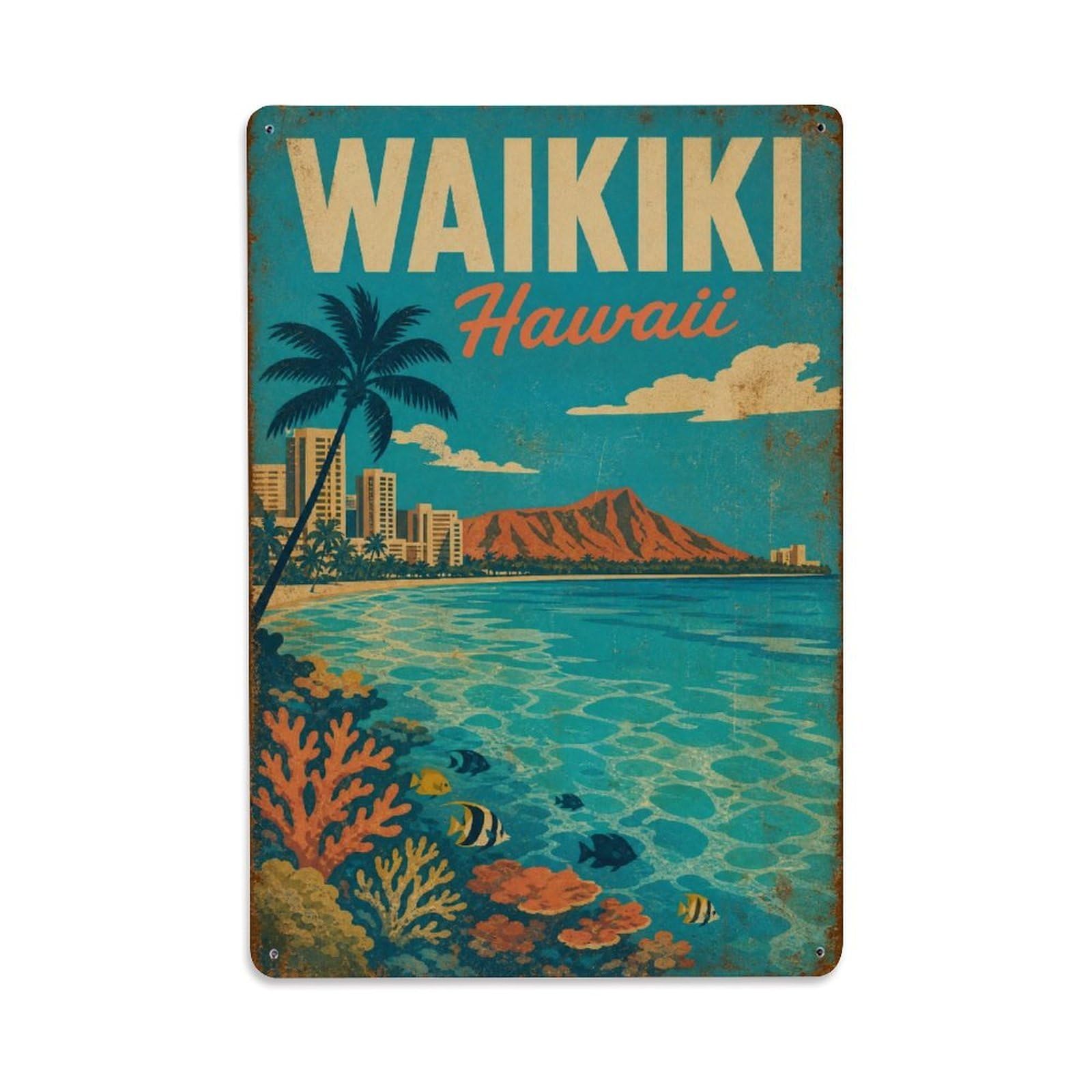 Waikiki Hawaii Lagoon Coast Coastal Heritage Travel Metal Tin Sign