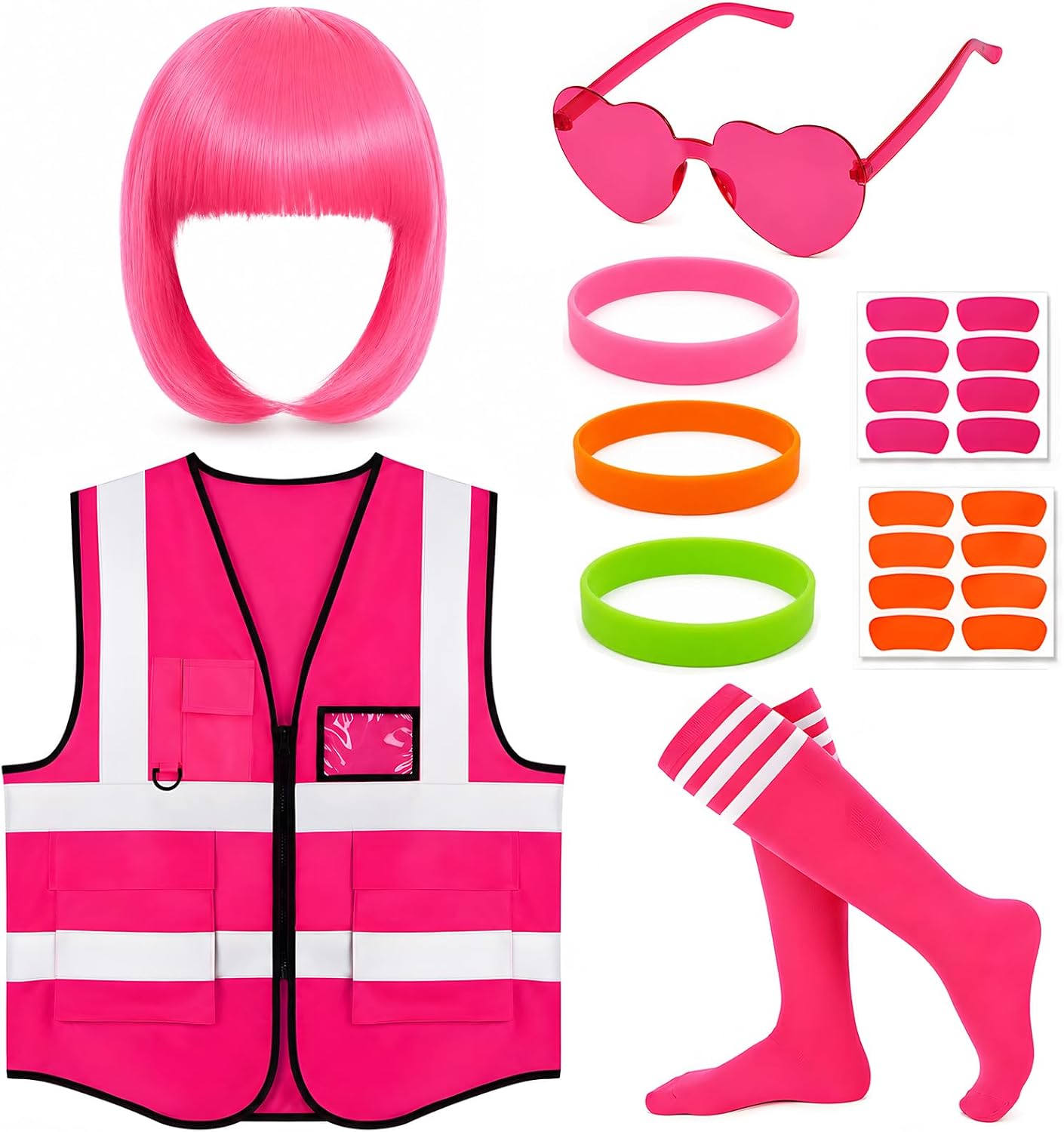 Neon Outfit Neon Costume Accessories Reflective Vest Wig Socks Glasses for Women Halloween Party Football Game