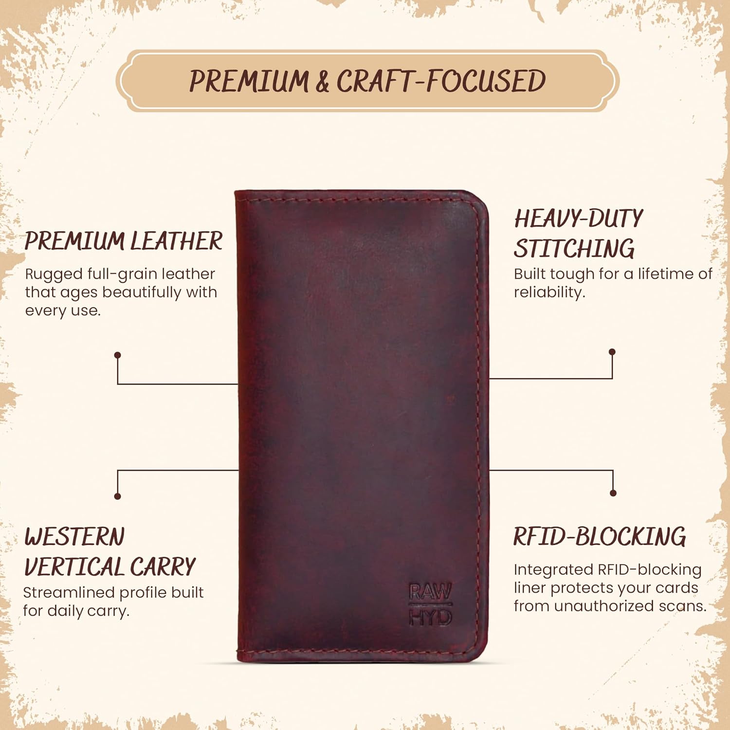 Classic Full-Grain Leather Long Bifold Wallets - Sleek Handcrafted Cowboys Wallet for Men - Compact Minimalist Men's Bifold Wallets w/ Multiple Card Slots, 2 Long Side Pockets, & Sleeve (Hunter Brown) - Image 2