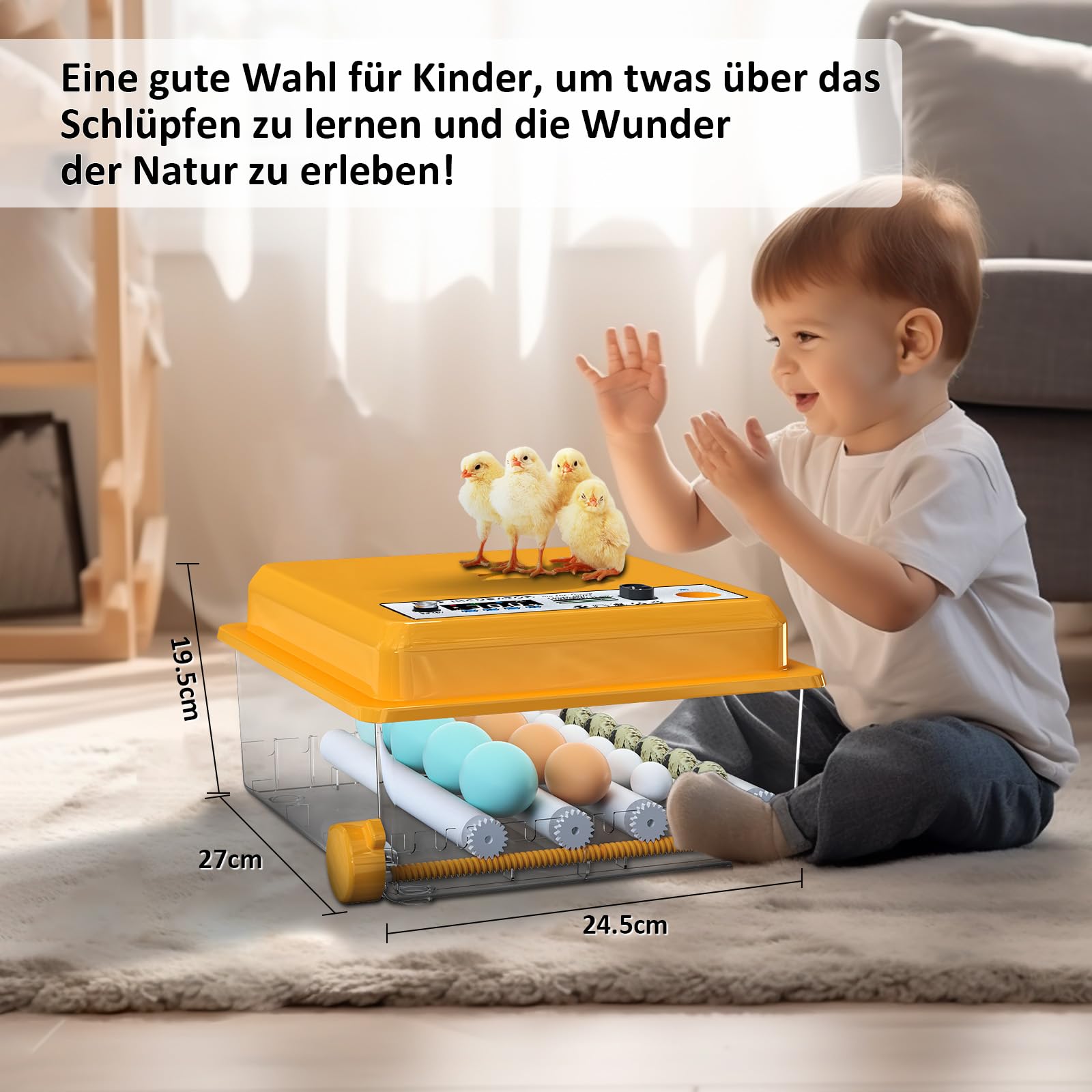 Brutautomat Vollautomatisch für 16 Eier mit Temperaturregelung automatischem Wenden, Inkubator Hühner mit verstellbaren Walzen und automatischer Wasserzugabe, Brutmaschine LED Eierleuchte