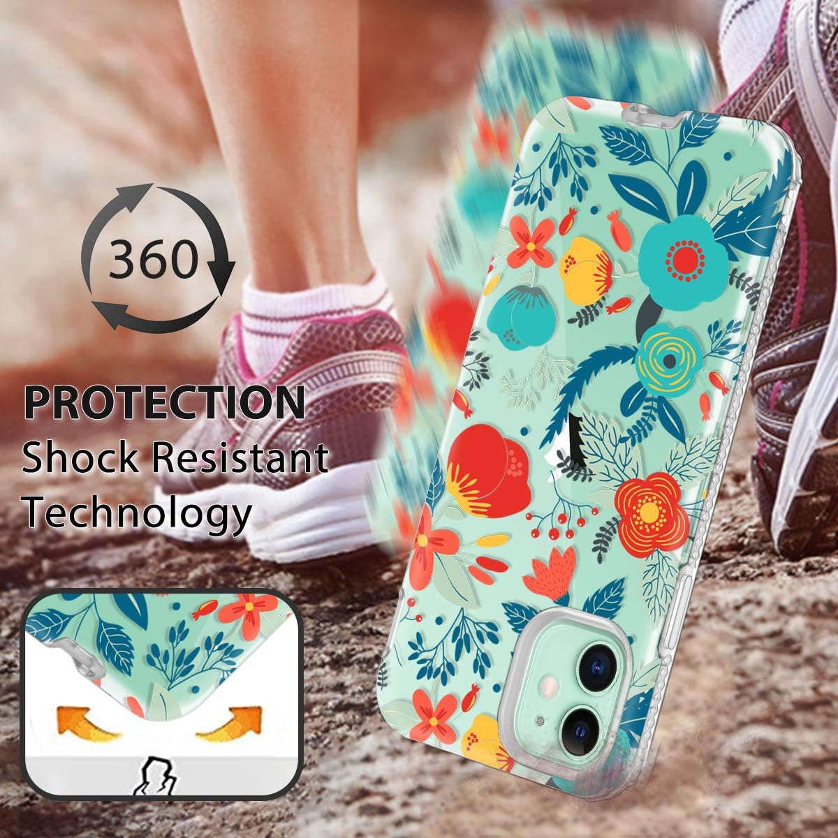LONTECT for iPhone 11 Case Floral Glitter Clear Sparkly Bling Heavy Duty Hybrid Sturdy High Impact Shockproof Protective Cover Case for Apple iPhone 11 6.1 2019, Red/Blue Flower