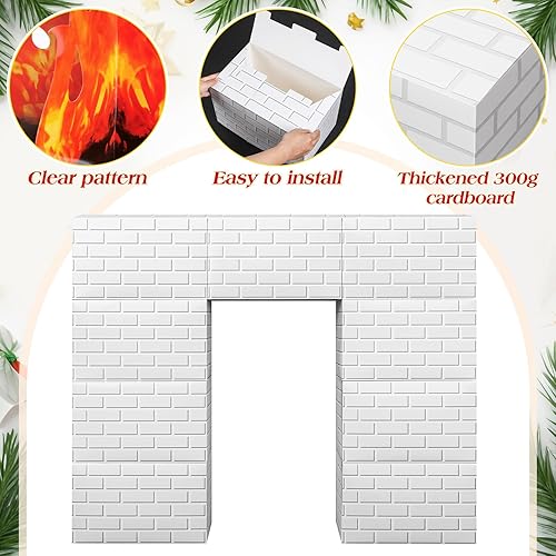 Miniatura 3 de 10 chimeneas de cartón de Navidad 3D de 39 x 35 pulgadas, chimenea artificial de Navidad con llama de fuego 3D, telón de fondo falso para decoración