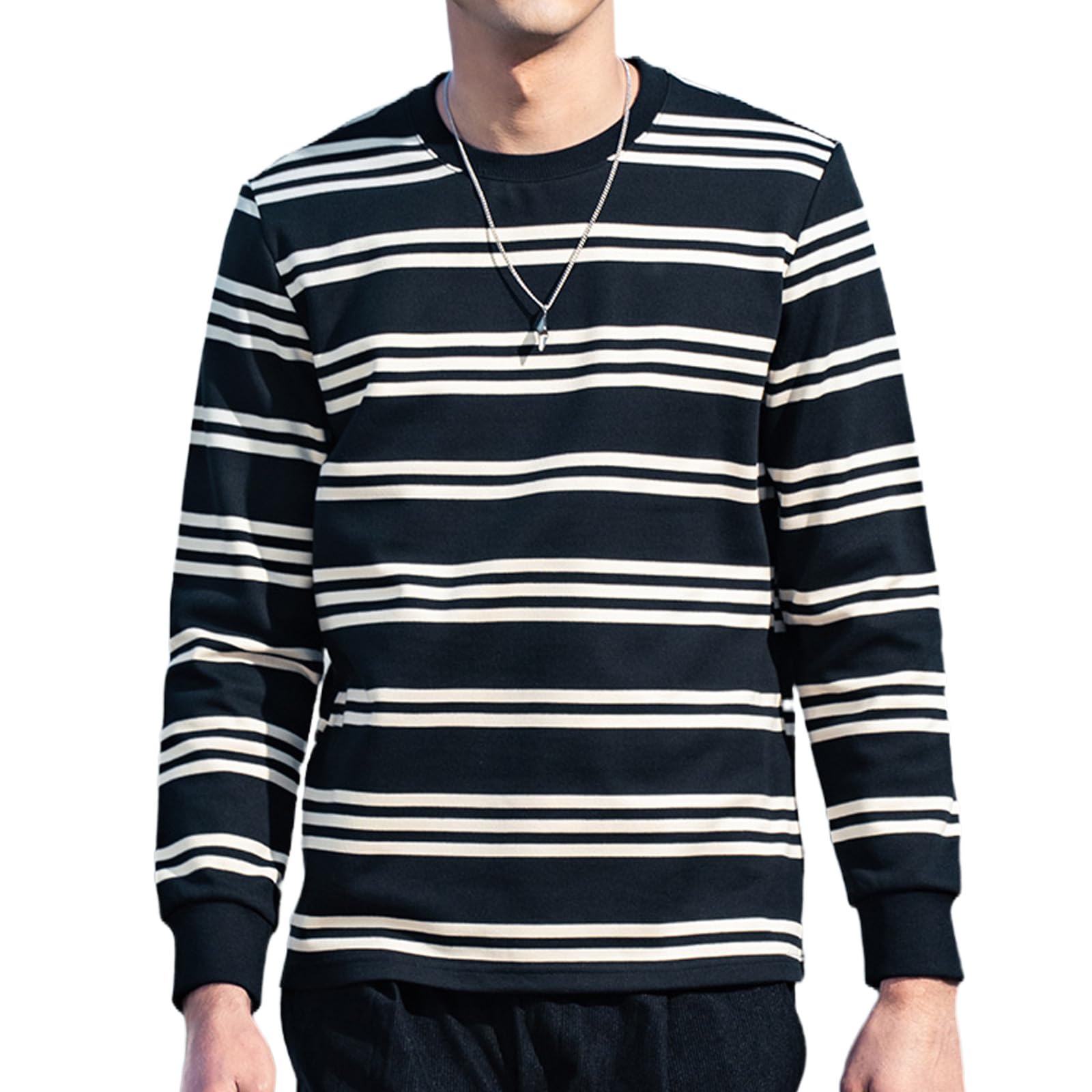 ZVX Men's Striped Long Sleeved T-Shirt, Casual Round Neck Long Sleeved Top, Regular-Fit Daily Striped T-Shirt Basic Style
