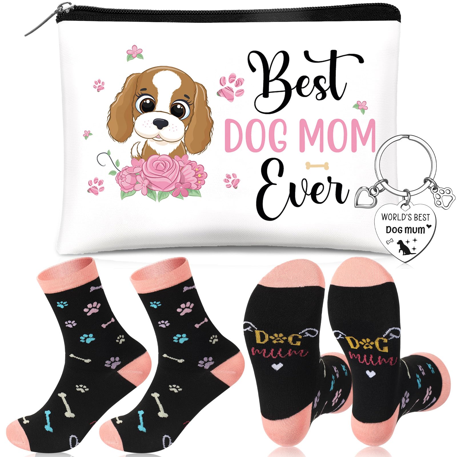 Otuuz 3 Pcs Dog Lover Gifts for Women Dog Mum Gifts Set Include Funny Makeup Bag Socks and Keyring for Christmas Party Mother's Day Pet Lovers Birthday Gift
