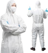 AMZ Medical Supply White Disposable Coveralls with Hood, Medium. Pack of 5 Microporous Lab Coveralls for Men and Women. 60 GSM Painters Suit Disposable with Storm Flap Zipper Cover. Hazmat Suit