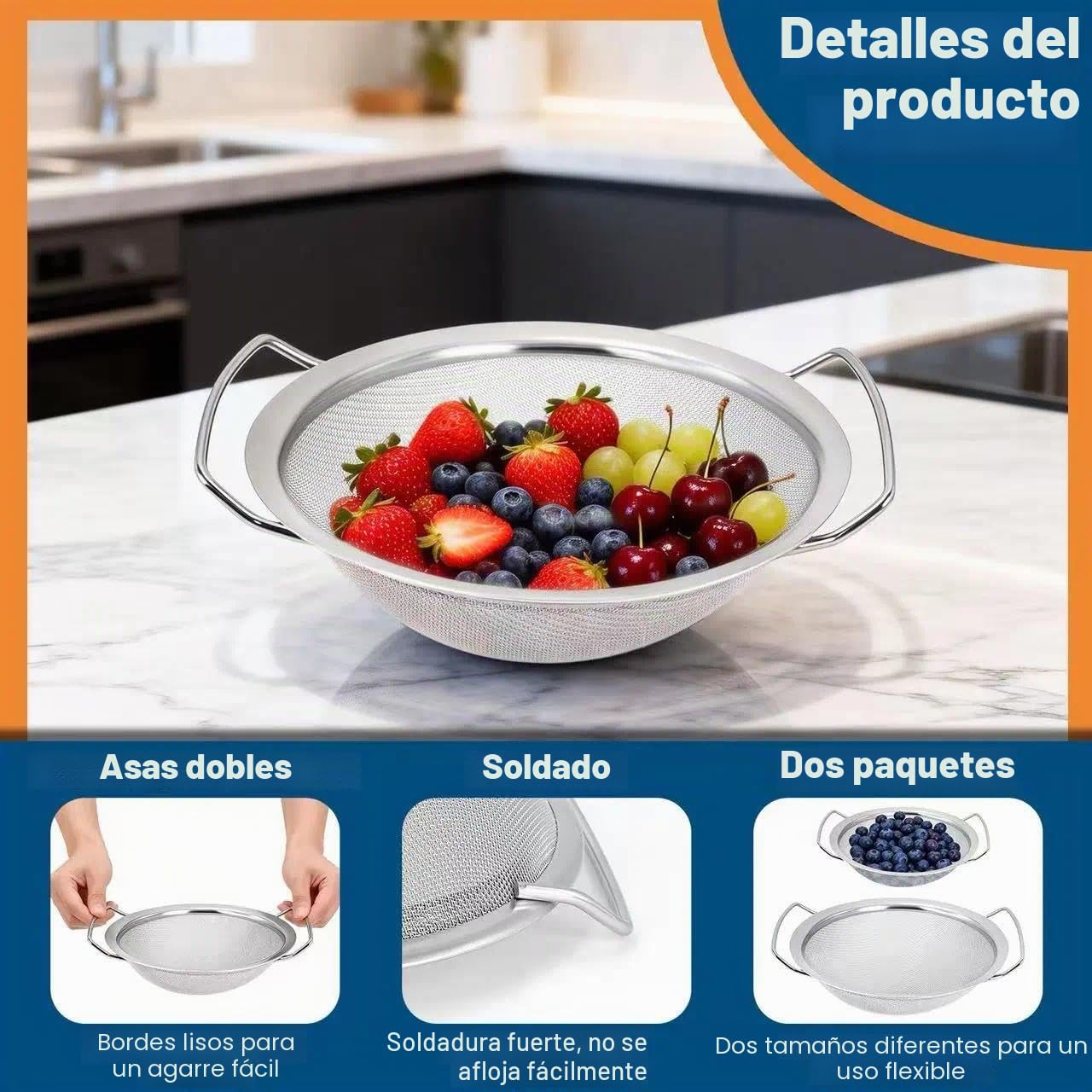 Juego de 2 coladores de cocina perforados de acero inoxidable, Ø 20 cm y 16 con 2 Asas, colador microperforado, para pasta, verduras, frutas, arroz, fácil de limpiar lavavajillas