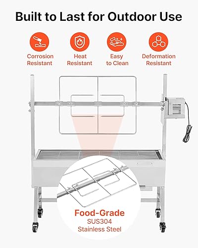 Miniatura 6 de VEVOR Asador de cerdo y cordero, 38 W para barbacoa al aire libre, asador de asador de carbón con capacidad de 132 libras, ruedas y altura de 7