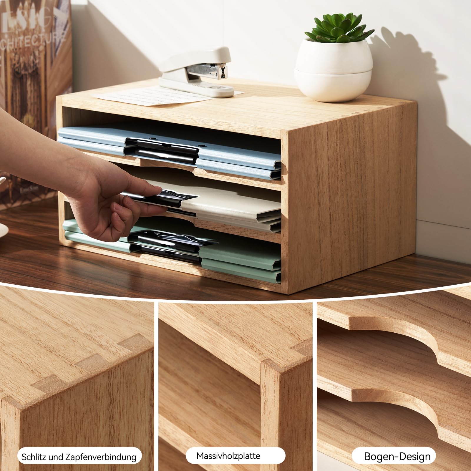 KIRIGEN Schreibtisch-Organizer aus Paulownia-Holz, Dokumentenablage mit 3 Fächern, 35 x 24 x 18 cm, Briefablage und Papierablage für Büro, Homeoffice und Arbeitszimmer, Natur