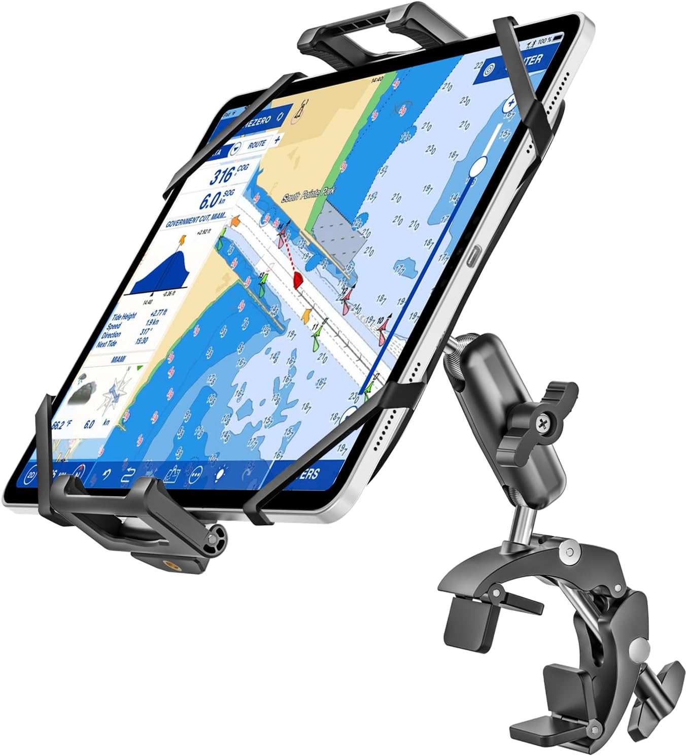 woleyi Aluminum Boat Helm Tablet Mount - [Large Clamp ] [Thick Case Friendly] Marine Tablet Holder Straps, Handle Bar Pole Clip for Boat Rail, for iPad Pro Air Mini, Galaxy Tab, iPhone, 6-15.6" Device