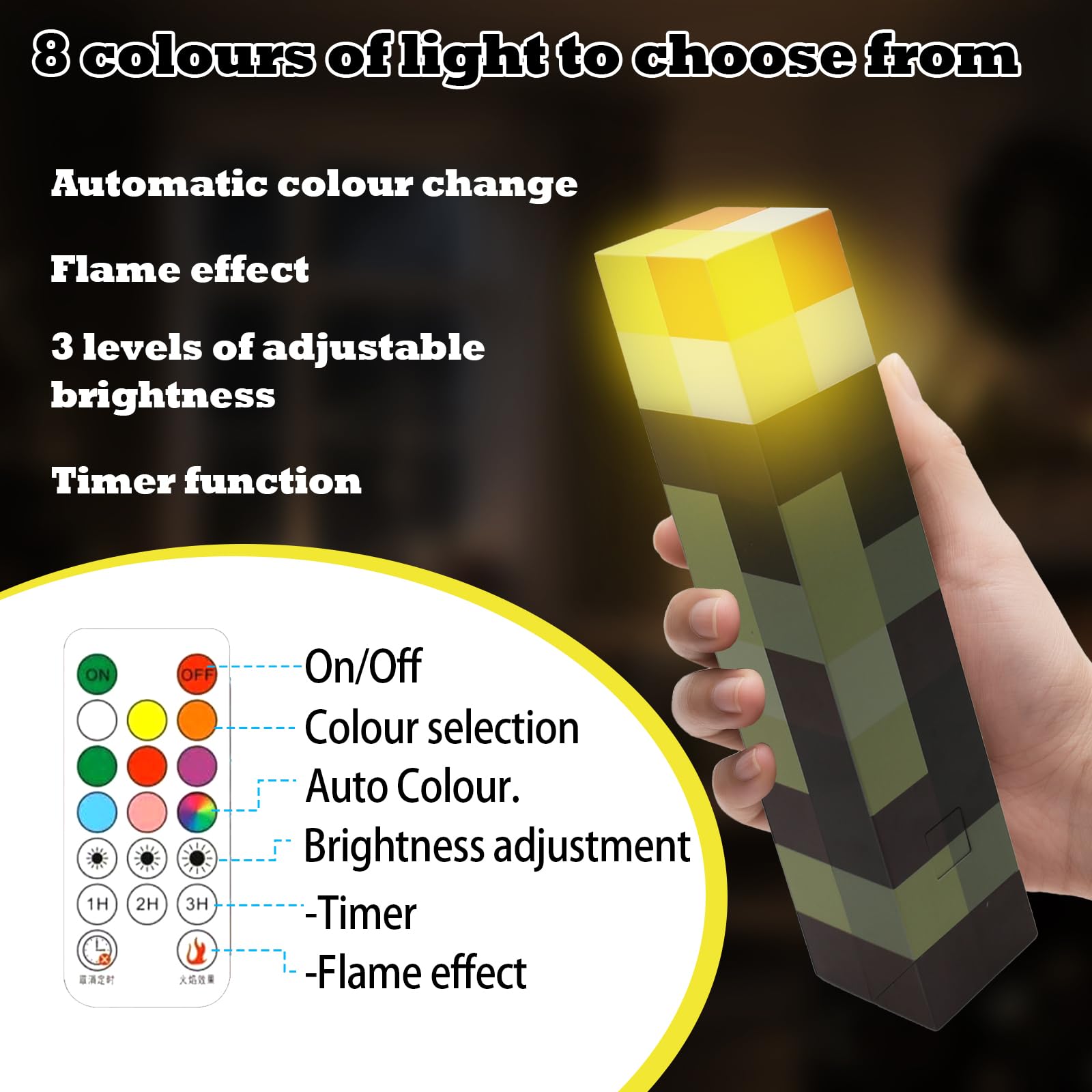 Wall Fackel Nachtlicht 28cm Craft Fackel Lampe mit Timer Fernsteuerbar 8 Farben Autochromatisch, Wiederaufladbar 3D Torch Lamp Nachttischlampe Kinder für Kinderzimmer Wohnzimmer Gaming Room Study Room