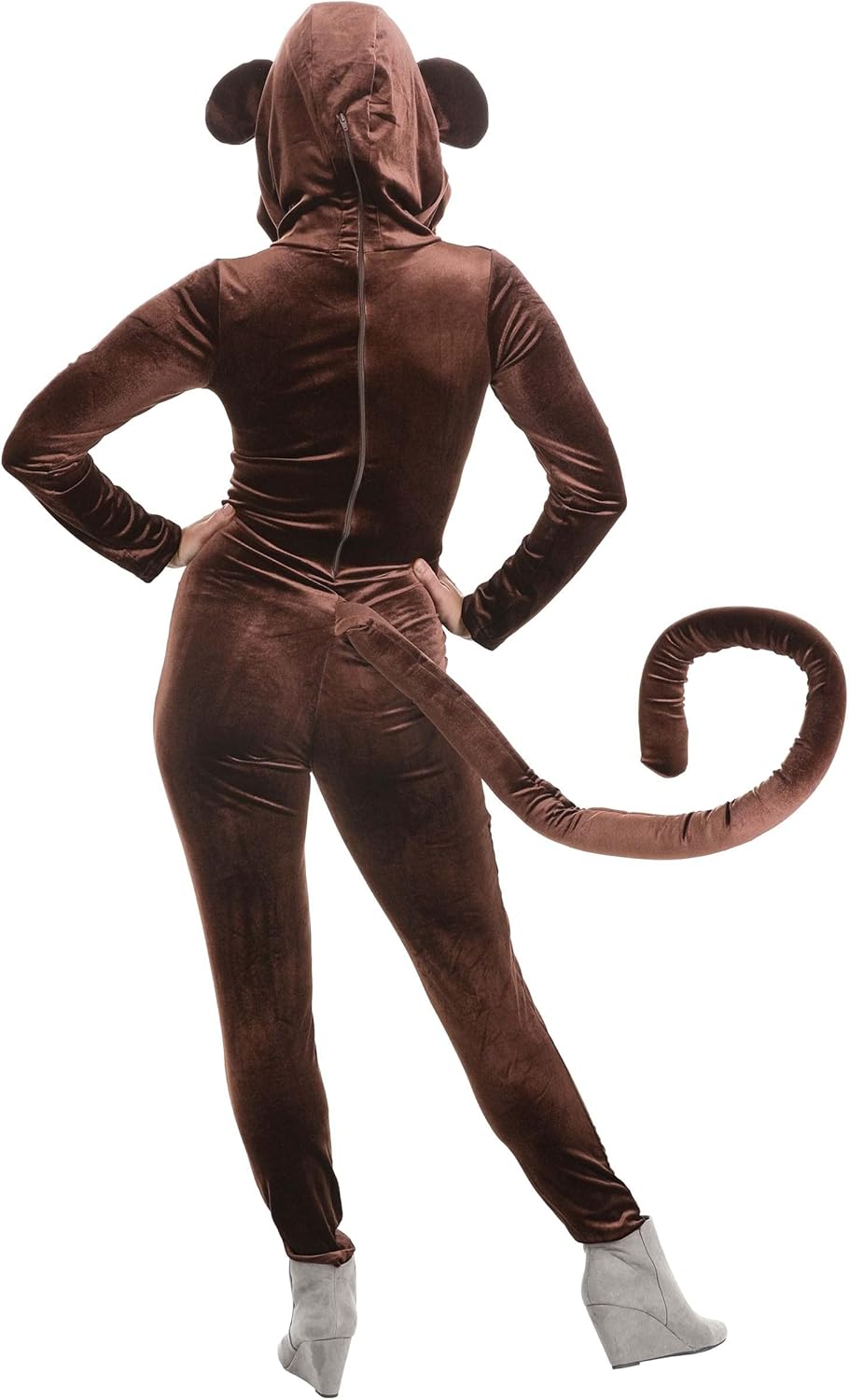 Women's Brown Circus Monkey Halloween Costume | Adult Jungle Animal Jumpsuit with Hood and Tail | Outfit for Themed Parties