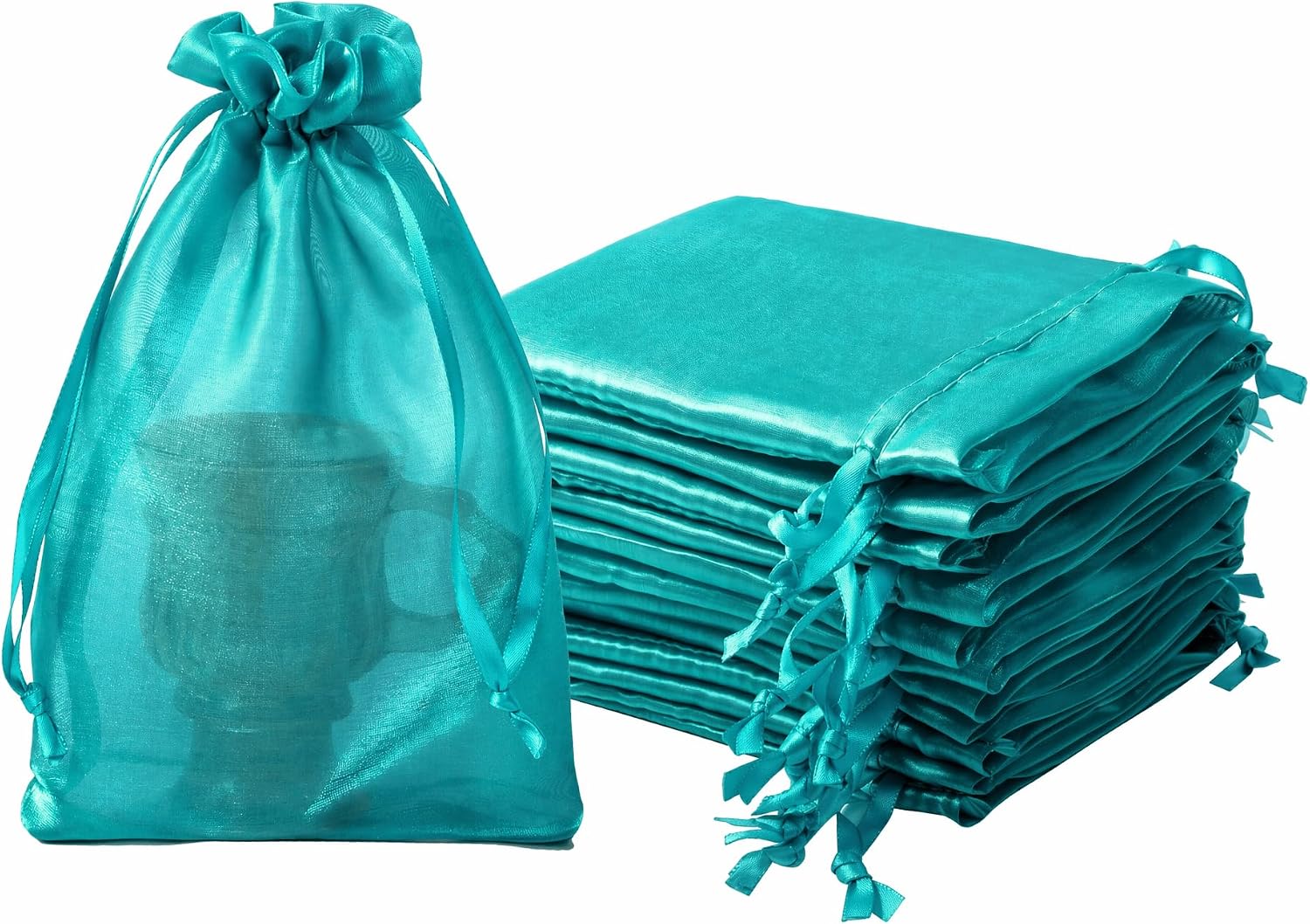 QIANF 20 Pcs Peacock Blue Small Organza Bags 6X9 inch for Wedding Favors with Drawstring, Glossy Mesh Gift Bags Jewelry Pouch for Candy Bridal Shower Party Favor Baby Shower Christmas