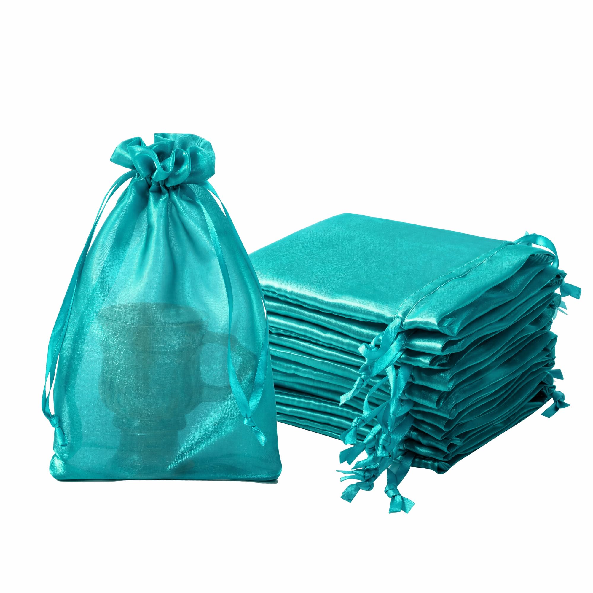 QIANF 20 Pcs Peacock Blue Small Organza Bags 6X9 inch for Wedding Favors with Drawstring, Glossy Mesh Gift Bags Jewelry Pouch for Candy Bridal Shower Party Favor Baby Shower Christmas