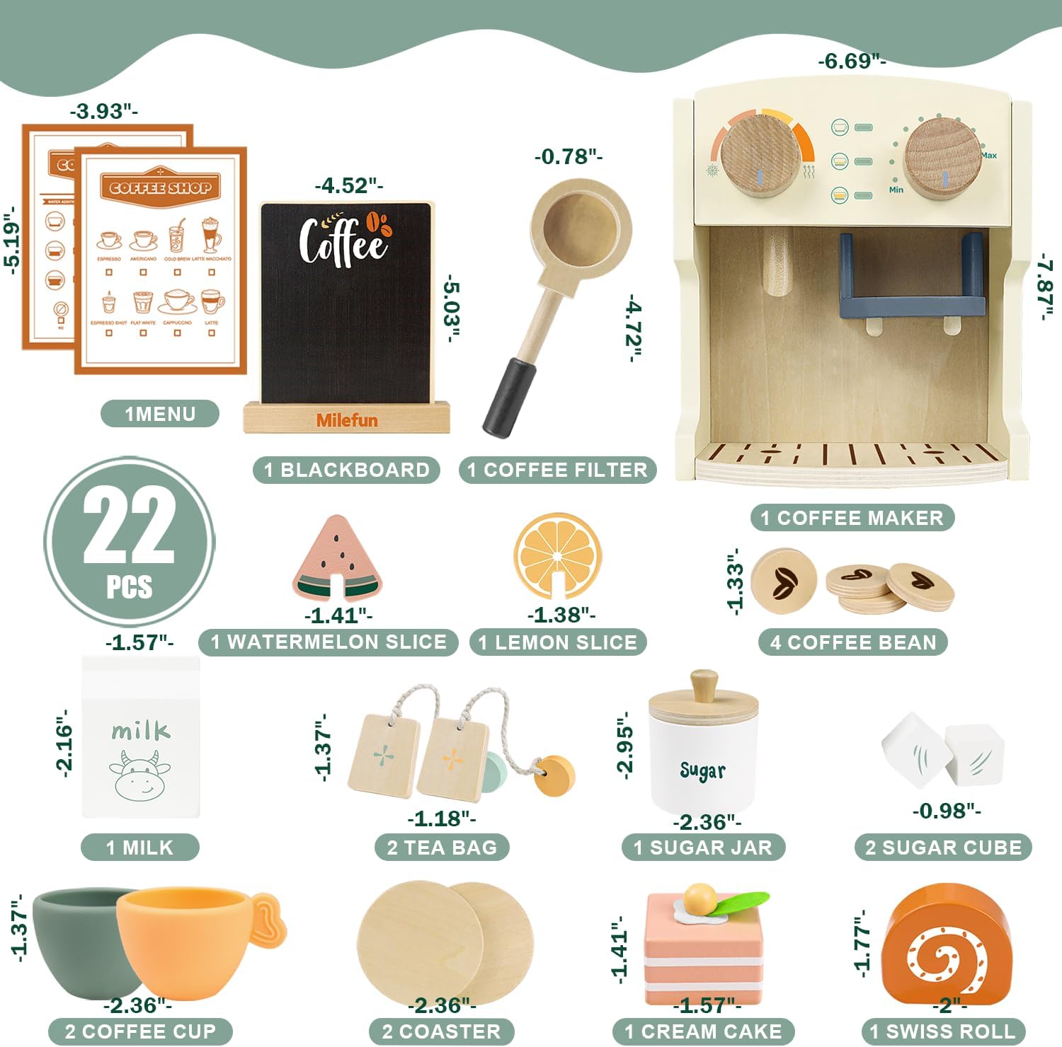 Wooden Coffee Play Set - 22PCS Pretend Play Coffee Maker Toy for Kids Age 3-8, Montessori Learning Toys with Realistic Espresso Machine & Accessories