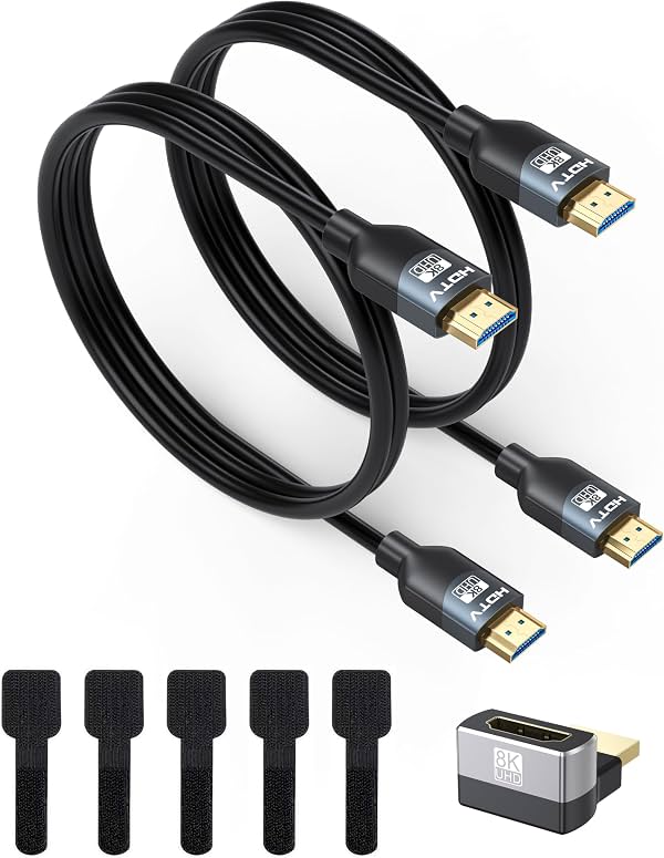 Cables HDMI 2.1 3 pies paquete de 2, Ultra Alta Velocidad 48Gbps para configuración de escritorio | Adaptador de 90° y 5 bridas, 8K@60Hz, 4K@120Hz, 2K@240Hz, VRR, ALLM, para monitor, PC, laptop, switch HDMI, TV, PS5, Xbox