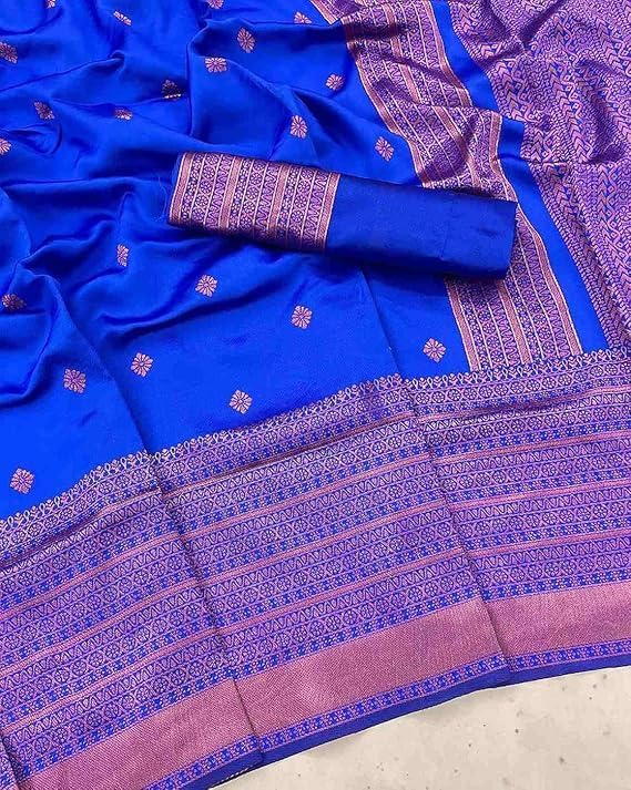 Women's Banarasi Kanjivaram Cotton Silk Jacquard Saree, Royal Blue, with Unstitched Blouse Material, Festive Wear
