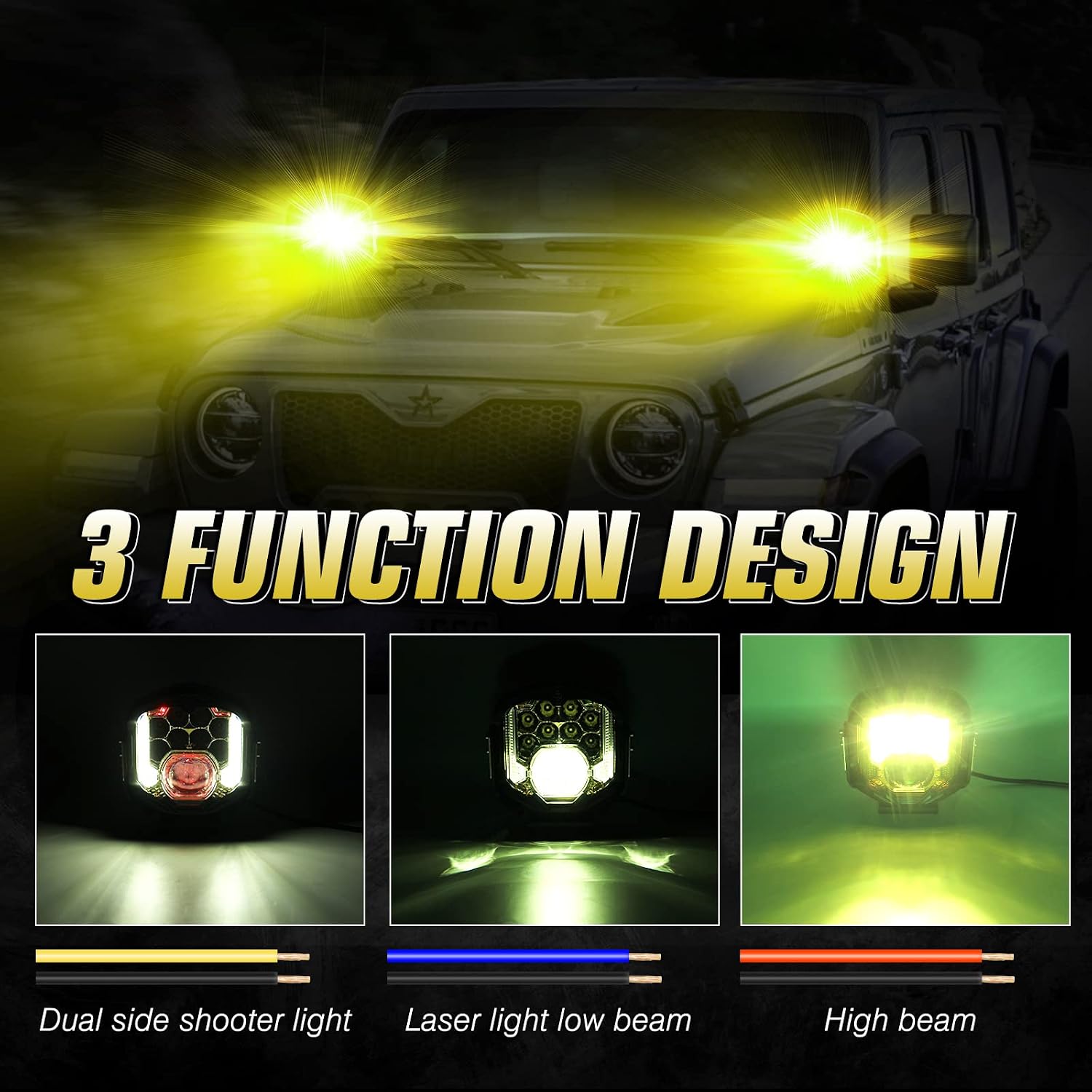 7 Inch Side Shooter Led Driving Light, Yellow Color with 3 Function, 130W 13000LM Spot Beam Work Fog Lights for Jeep Offroad 4x4 Pickup Truck ATV SUV Car Boat, 2PC Pack