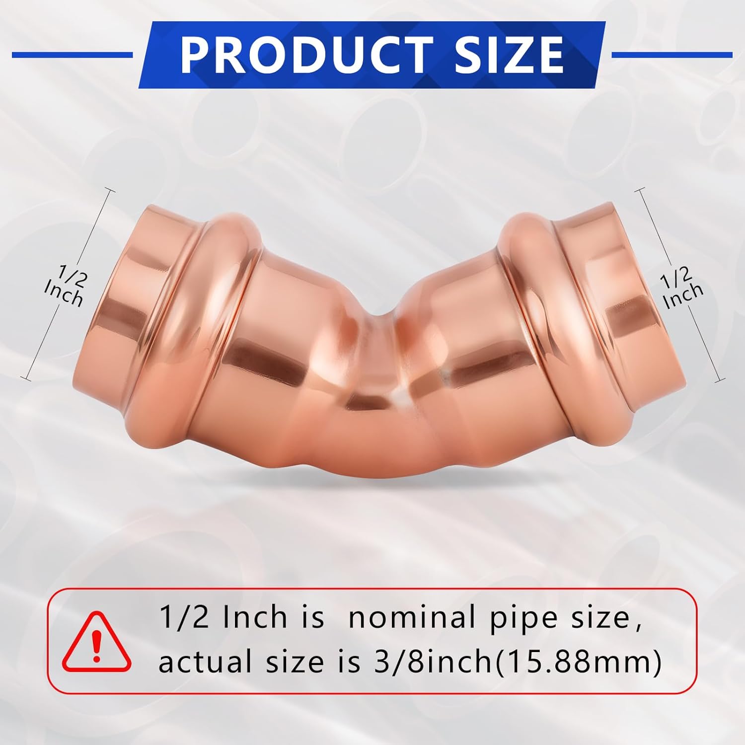 Copper Press Fittings 1/2 Inch 45-Degree Elbow, No-Lead Plumbing Pipe Connector | Compatible with Copper Pipes, Water Supply & Hydronic Heating Systems | Durable Press Fit Design, 10-Pack