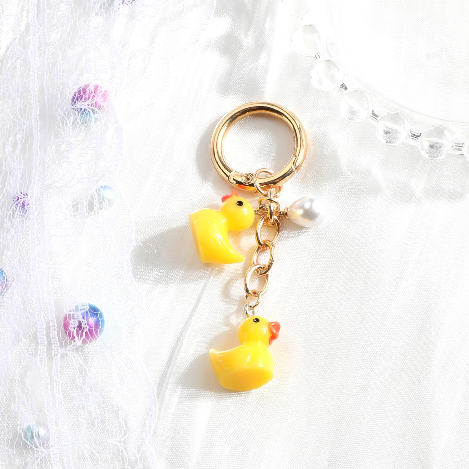 Duck Keychain with Pearl Funny Duck Keycharm for Women Cute Animal Keyring for Bags