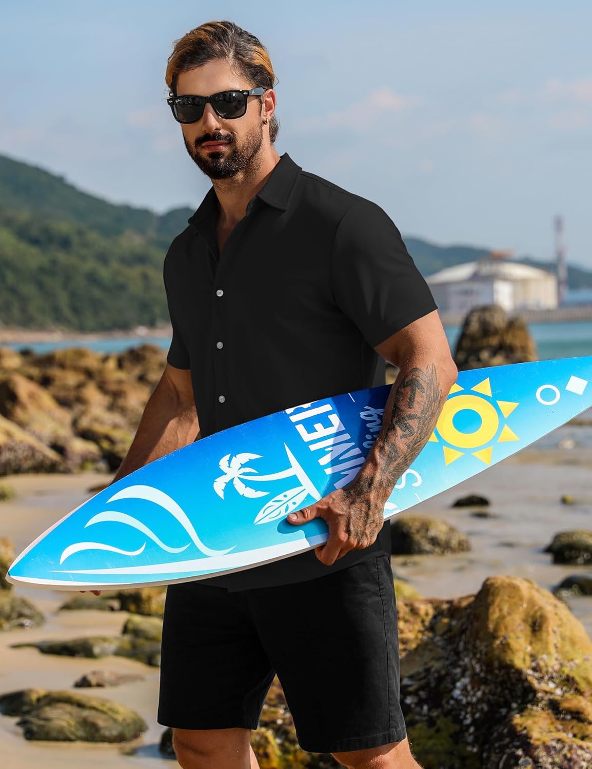 URRU Men's Muscle Dress Shirts Short Sleeve Stretch Casual Button Down Shirts Wrinkle Free Slim Fit Dress Shirt for Men - Image 3