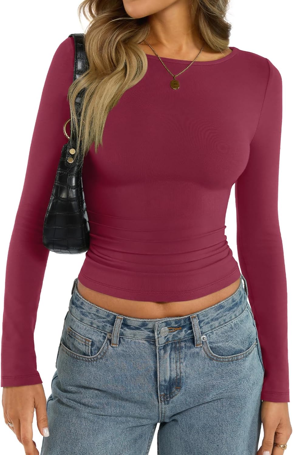 Womens Cotton Boat Neck Long Sleeve Shirts Basic Going Out Stretchy Slim Fit Y2k Crop Tops