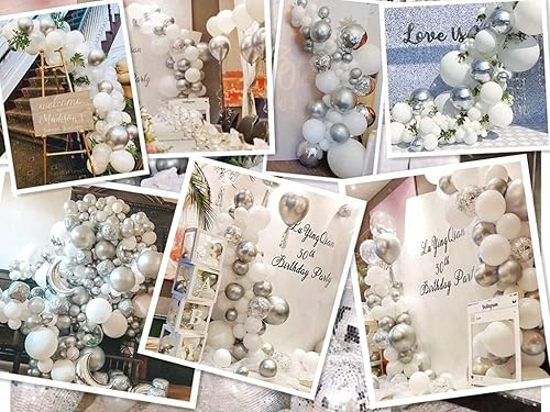 Miniatura 5 de Kit de arco de guirnalda de globos blancos y plateados de 5 pulgadas, 10 pulgadas, 12 pulgadas, confeti metálico blanco y plateado, juego de arco de