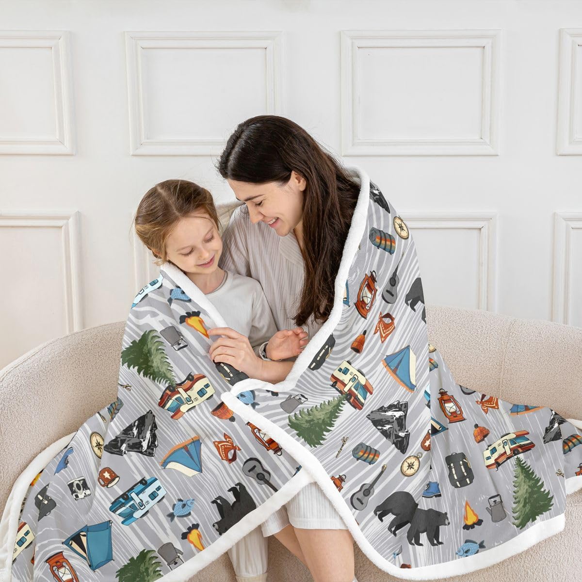 Camper Throw Blanket Camping Tent Blanket Camping Gear Must Haves, Happy Glamping Trailer Fleece Blanket Lodge Cabin Cottage Camfire Bed Blanket 90"x90", Camping Accessories Rustic Camper Decor