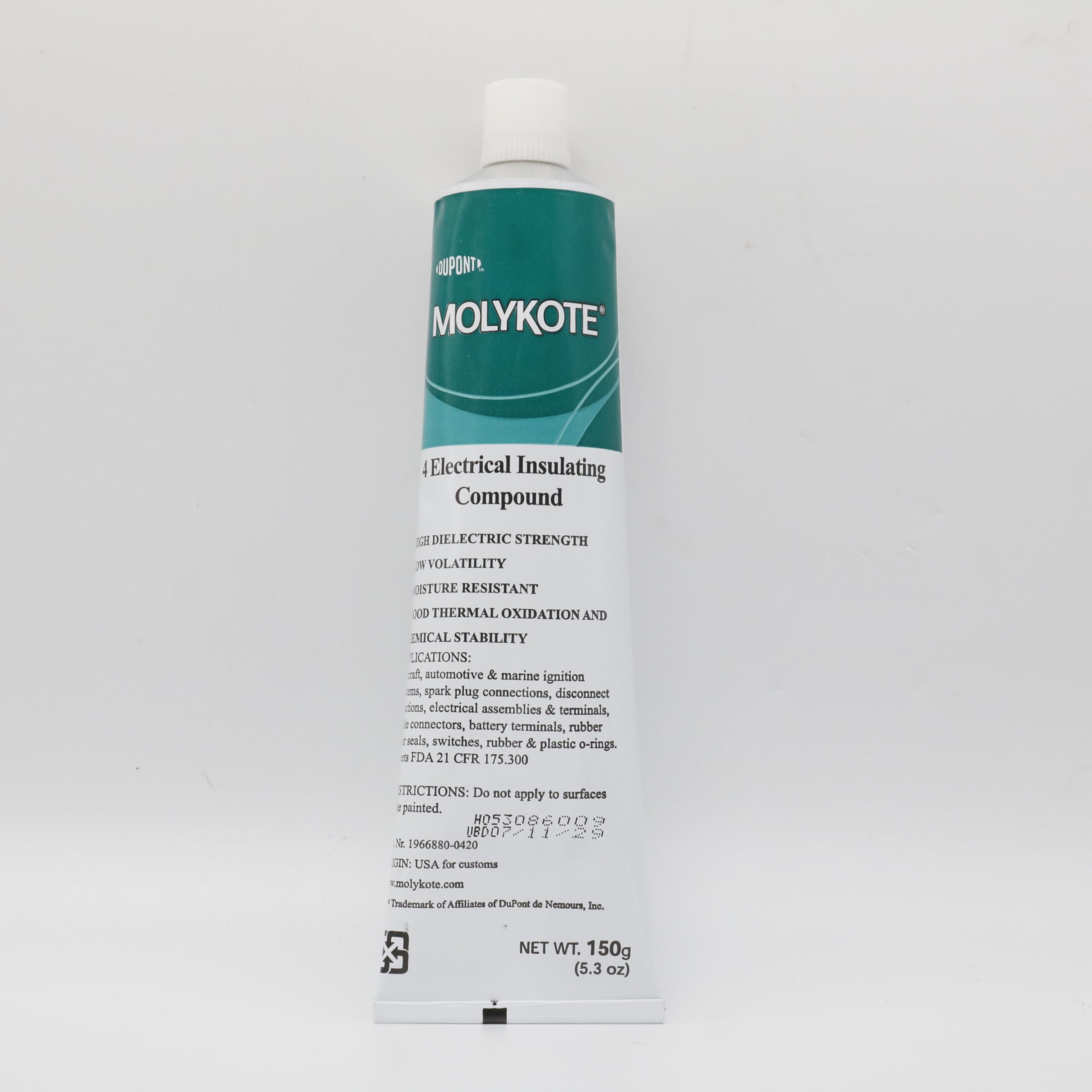 Molykote Lot de 4 composés isolants électriques 150 g Joint d'étanchéité à l'humidité pour valve de graisse diélectrique industrielle Lubrifiant pour application électrique Blanc transparent Dow