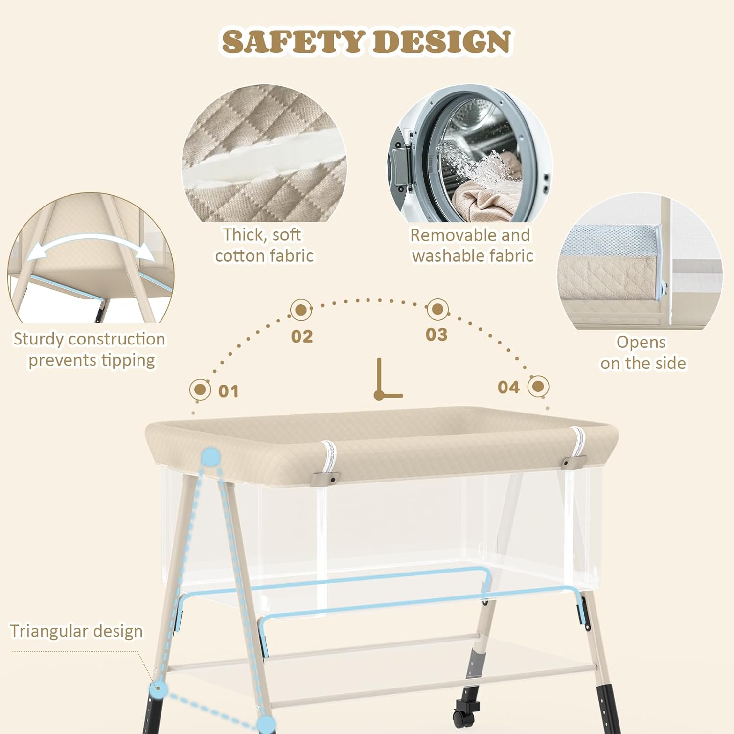 Baby Bassinet, 3-in-1 Baby Bassinets Bedside Sleeper for Newborn with Breathable Mesh, Portable Baby Crib with 4- Adjustable Height, Mattress, Storage Basket & Lockable Wheels, CPSC Beige