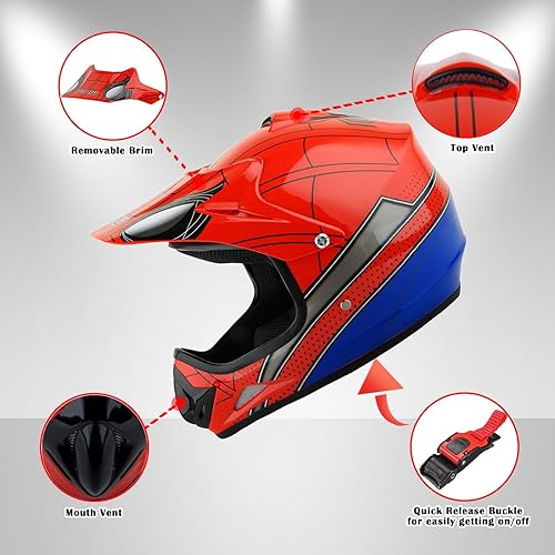 Miniatura 3 de WOW Casco para niños BMX MX Motocross ATV Dirt Bike Casco Spider Rojo
