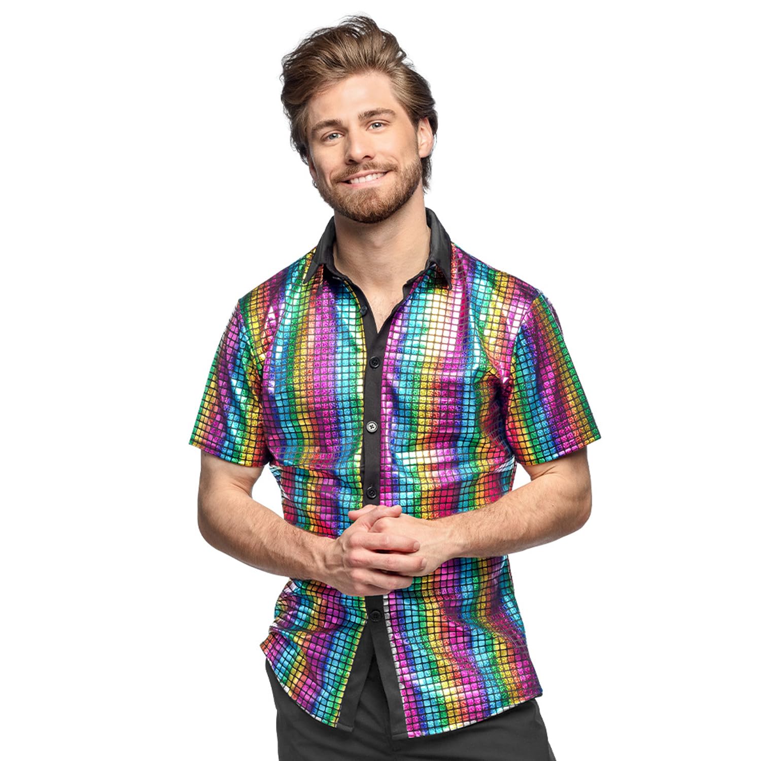 Boland Chemise Disco colorée, Chemise Disco Diamant, Chemise à Manches Courtes, t-Shirt pour Homme, Haut, t-Shirt de fête pour Carnaval ou fêtes à thème